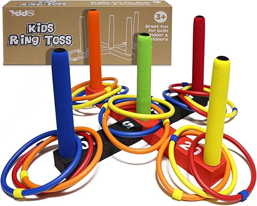 Juego de lanzamiento de anillos para niños juego de interiores y exteriores para familia y adultos con 5 postes 2 bases y 16 anillos en 4 colores