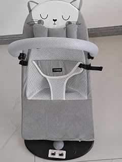 Baby Bouncer Seat with Cat Design Headrest, Mesh Fabric, Foldable Infant Rocker with Safety Harness, Gray