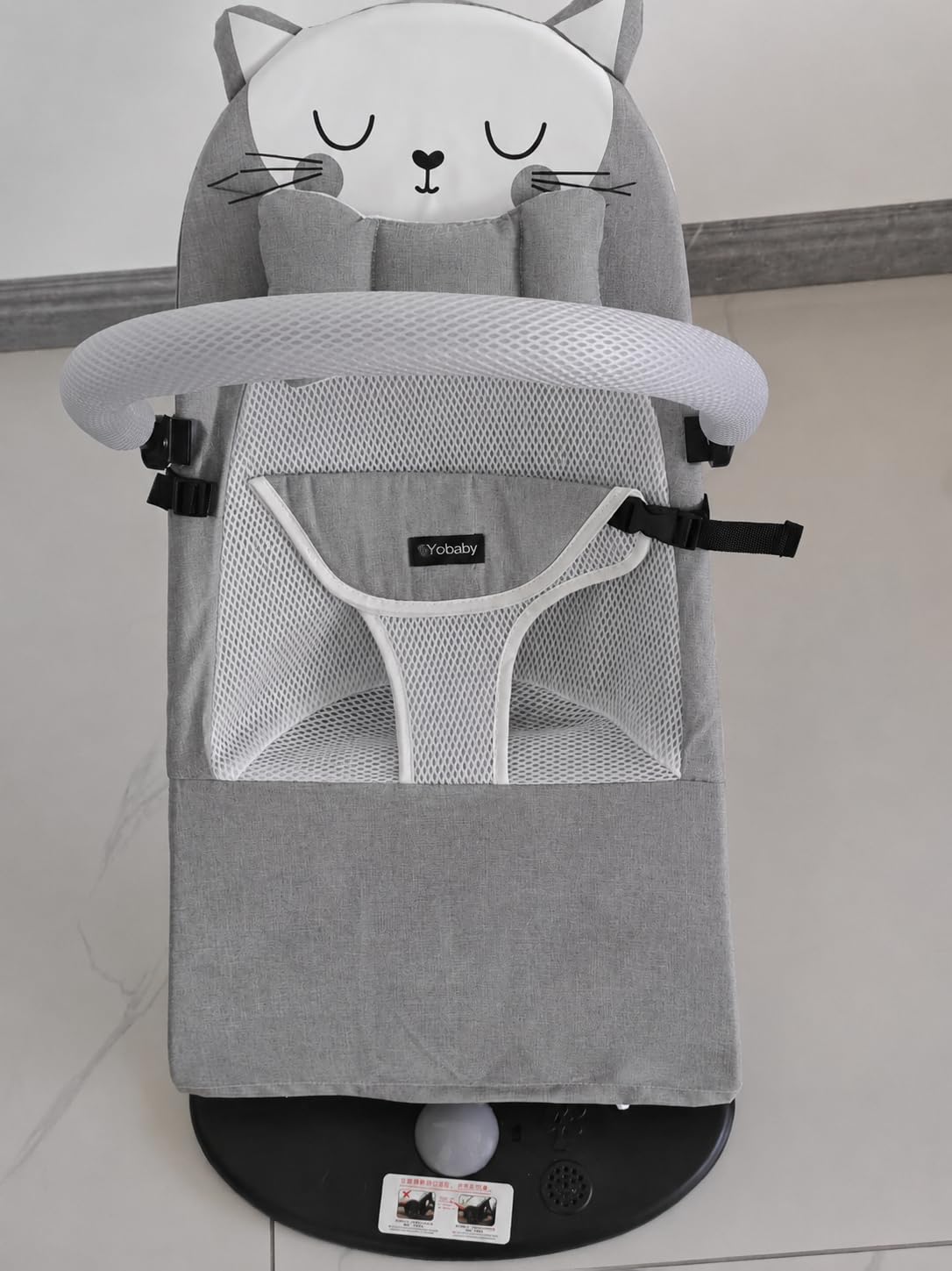 Baby Bouncer Seat with Cat Design Headrest, Mesh Fabric, Foldable Infant Rocker with Safety Harness, Gray