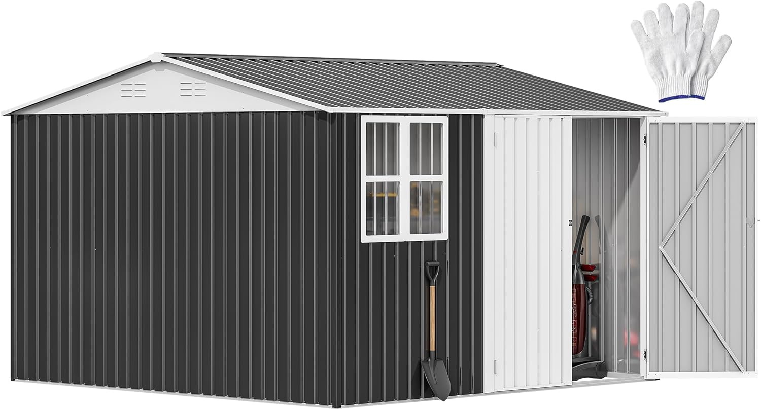 DWVO 8 x 6 Outdoor Storage Shed, Waterproof Metal Garden Shed with Windows, Lockable Doors, and Sloped Roof for Patio, Backyard, Lawn, Tool Storage, Bike Shed, Pet Shelter (Gray + White) DWVO 8 x 6 Outdoor Storage Shed, Waterproof Metal Garden Shed with Windows, Lockable Doors, and Sloped Roof for Patio, Backyard, Lawn, Tool Storage, Bike Shed, Pet Shelter (Gray + White)