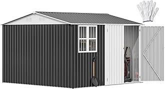 DWVO 10' x 10' Outdoor Storage Shed, Waterproof Metal Garden Shed with Windows, Lockable Doors, and Sloped Roof for Patio, Backyard, Lawn, Tool Storage, Bike Shed, Pet Shelter (Gray + White)