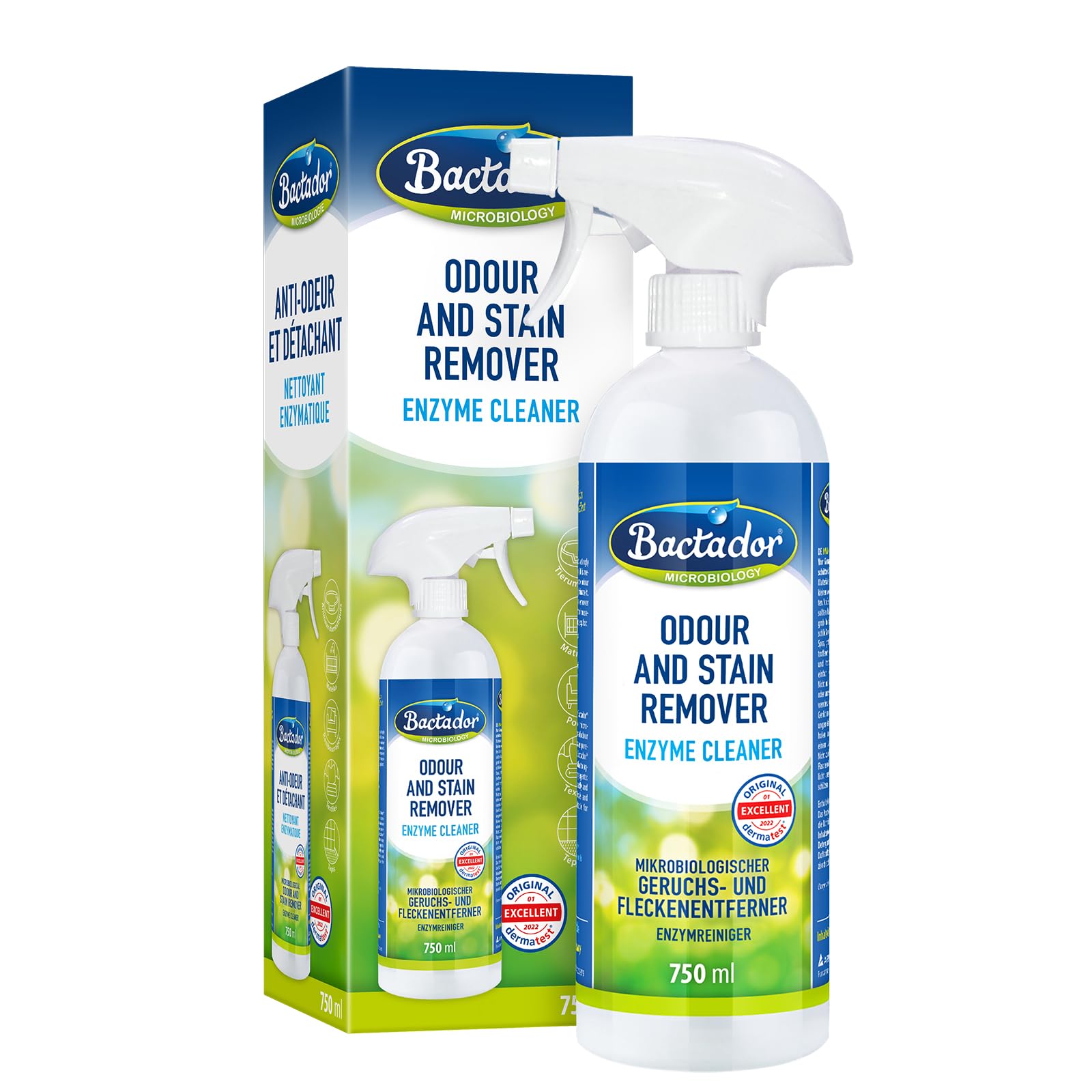 Bactador Odour and Stain Remover Spray 750ml - Biological enzyme cleaner as a ready-to-use solution against sweat, cat urine, dog urine, animal odors - For household, car & animal environment