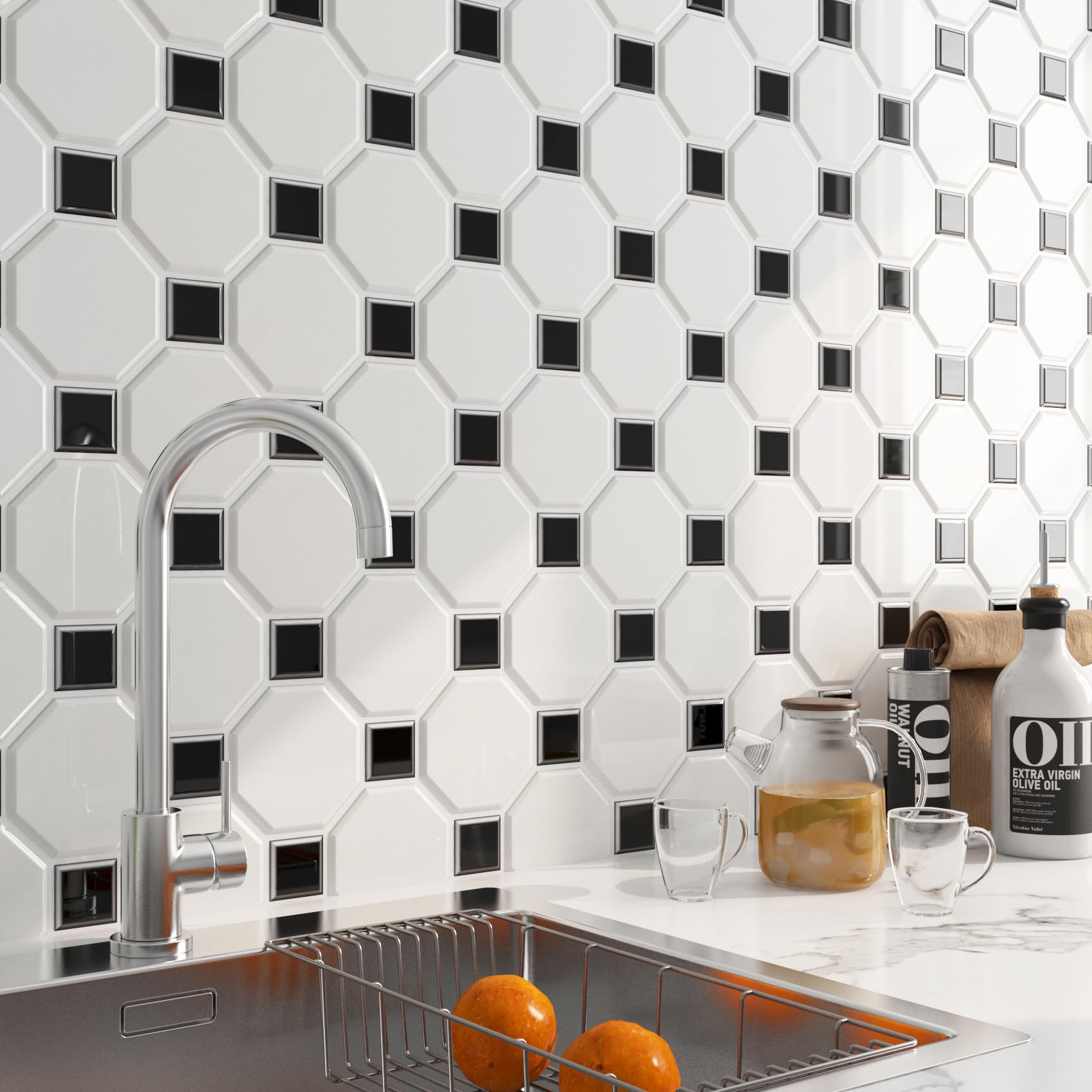 FunStick 30CMx30CM 30 Piastrelle PVC Adesive Bianco Nero Carta Adesiva per Mattonelle Bagno Quadrato Esagonale Adesivi Murali 3D Adesivi per Piastrelle Cucina Rivestimento Parete Bagno Adesivo Bianco