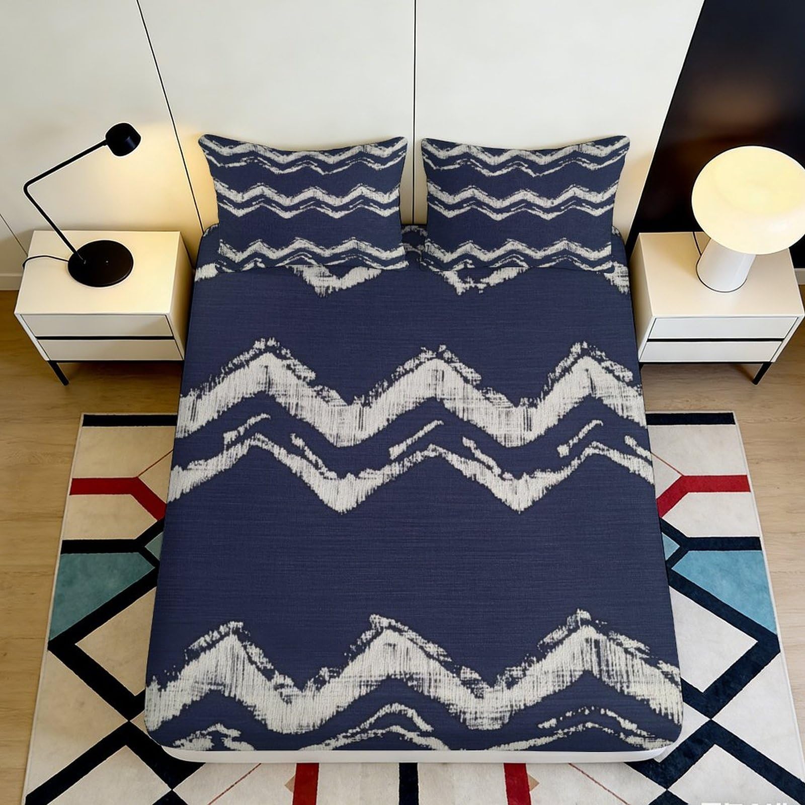 3D Printed Navy Chevron Fitted Sheet Microfiber Soft Breathable Abstract Zigzag Mattress Cover for Bedroom Dorm Home Decor 90x200x25cm