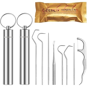 KOHEEL Toothpicks Pocket Set, Reusable Dental Floss Picks Kit, Stainless Steel Teeth Cleaning Tools, Tooth Picker, Oral Hygiene Kit with Holder (7 Count)