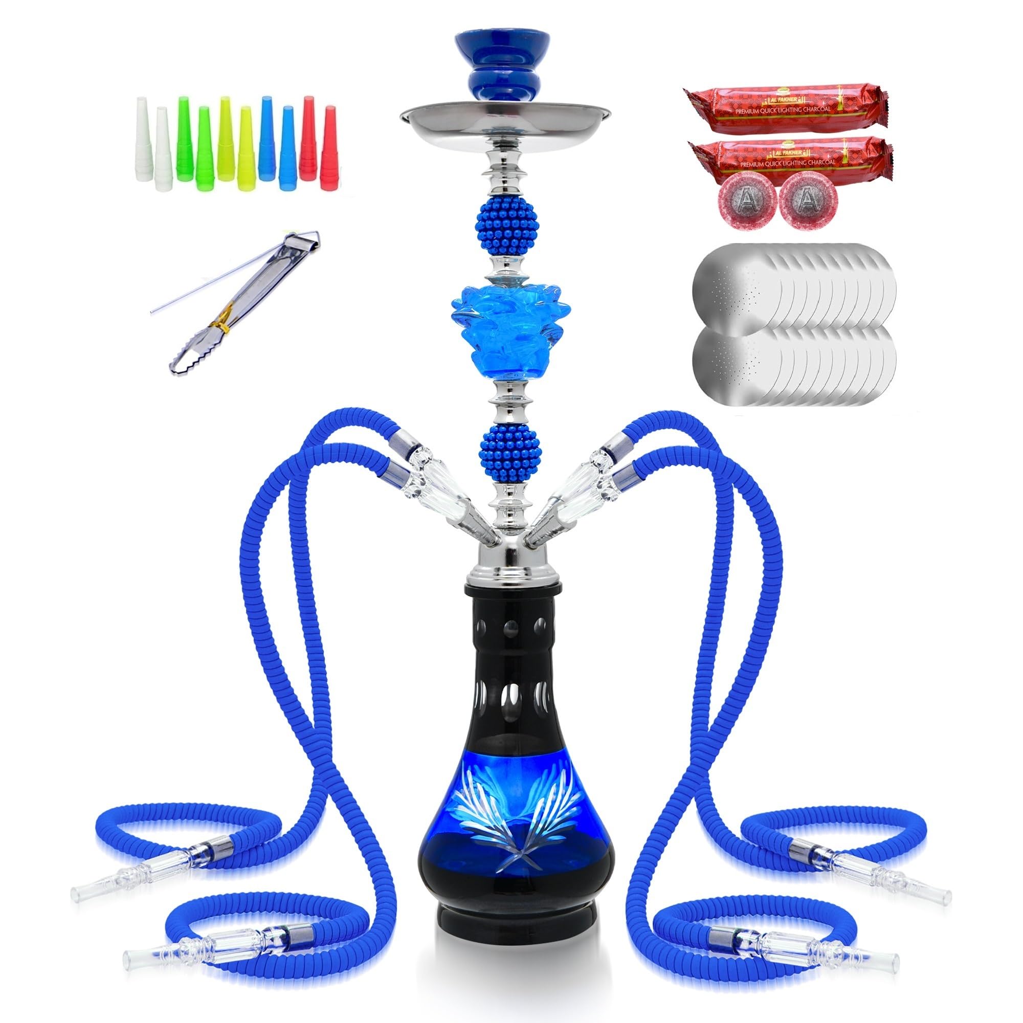 22'' 4 Hose Hookah Set with Everything Glass Shisha Vase - Include 20xCharcoal 50x Foil Hookah Bowl 100x Tips 4x Mouthpiece 4x Hookah Hose Tongs Hookah Kit (Blue)