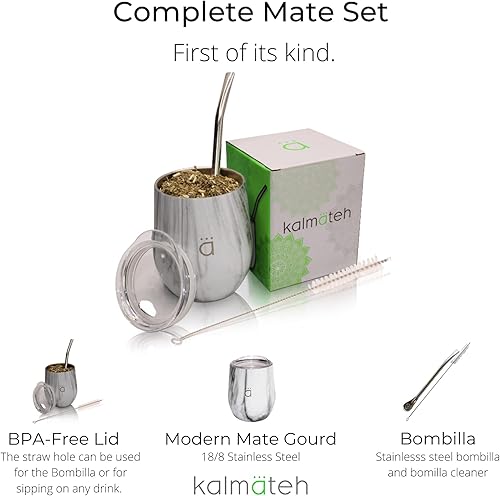 Miniatura 5 de Kalmateh Yerba Mate Gourd - Vaso mate de acero inoxidable de doble pared con tapa libre de BPA, filtro de bombilla y limpiador de bombillas (mármol,