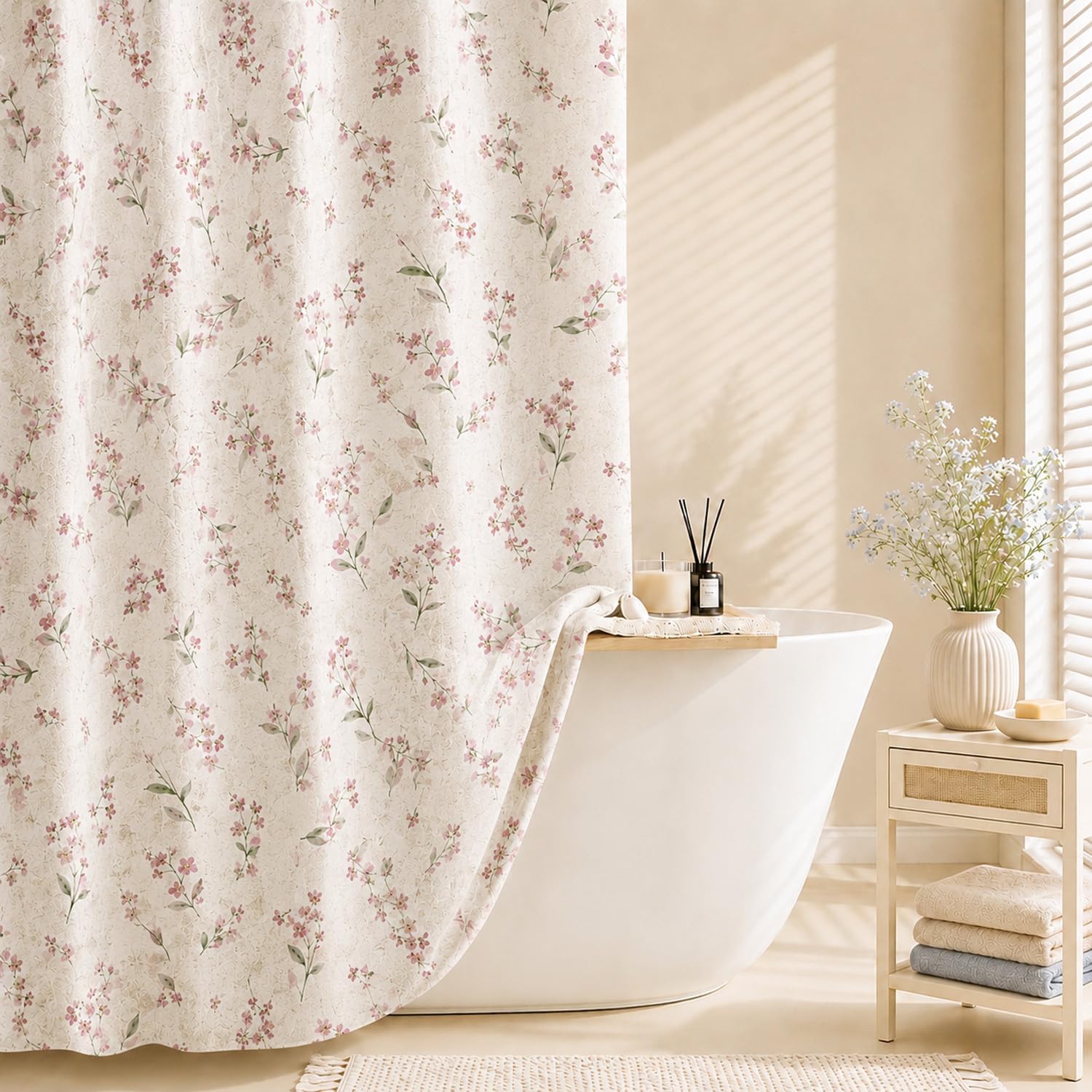 Pink Wildflower Farmhouse Shower Curtain, Vintage Cottagecore Floral Bathroom Decor, Linen Look Fabric Bath Curtain, Rustic Country Style Waterproof Shower Curtain, 72 x 72 Inch