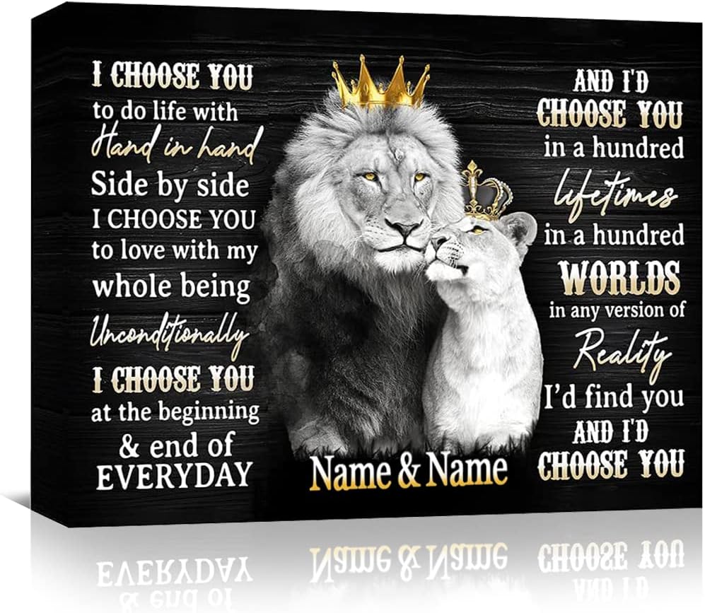 Custom Name the Lion King and Queen with Crown Canvas Wall Art Personalized Name Couple Wall Decor African Wild Animals Prints Pictures Black and White Modern Framed Artwork for Bedroom Ready to Hang