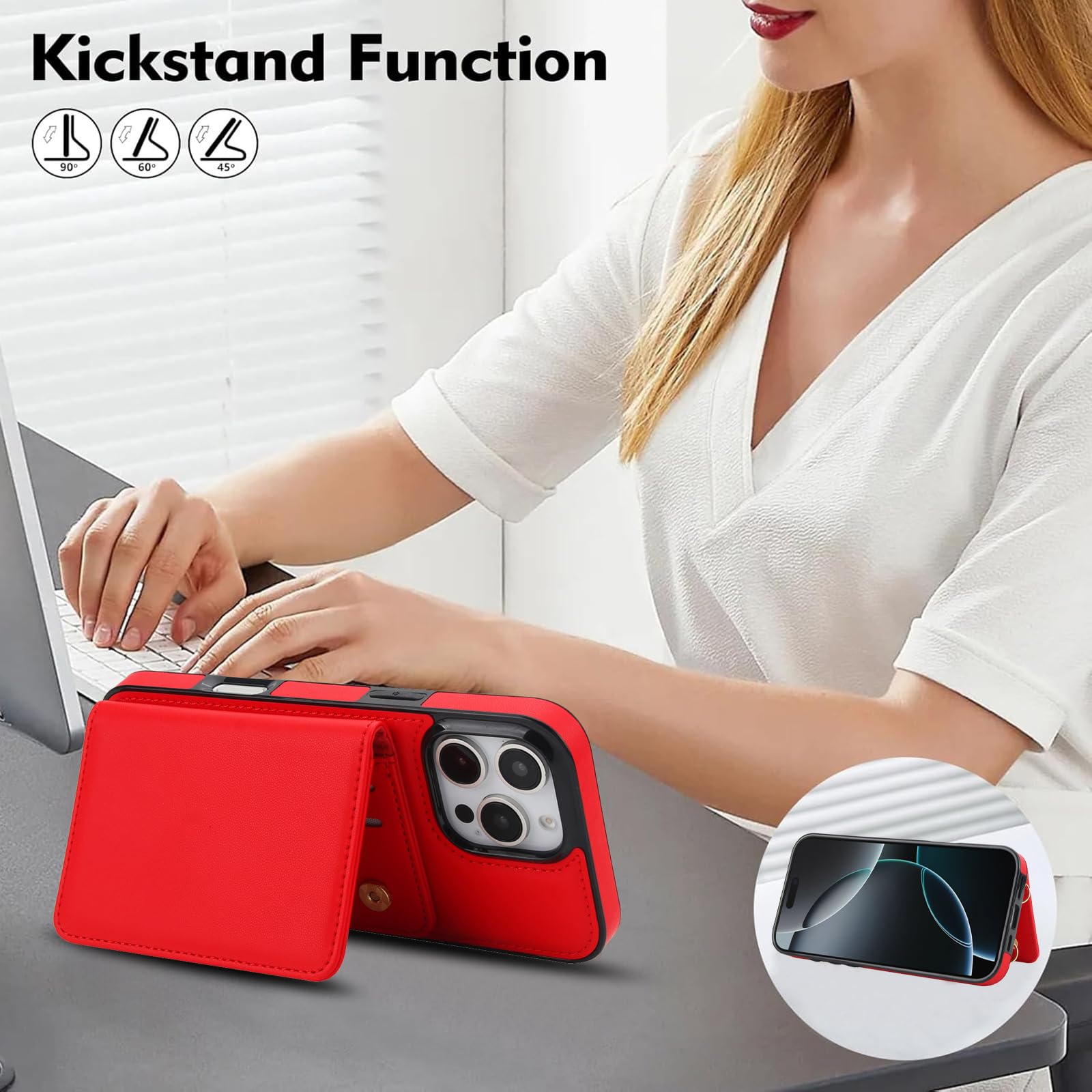Portmonetka etui do iPhone 16 Pro Max / 16 Pro / 16 Plus/16, zapięcie magnetyczne, skórzane etui na telefon komórkowy z klapkami na karty, odporne na uderzenia, ultracienkie etui, czerwone, 16