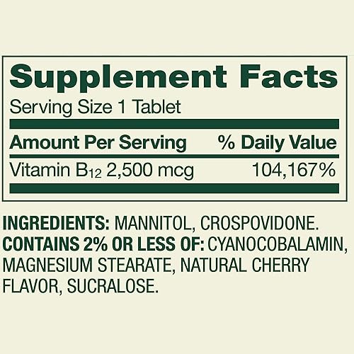 Miniatura 3 de Spring Valley, Vitamina B12 2500 MCG, B12 Tabletas de sabor a cereza de disolución rápida, suplemento dietético, vitamina B12, 120 unidades de