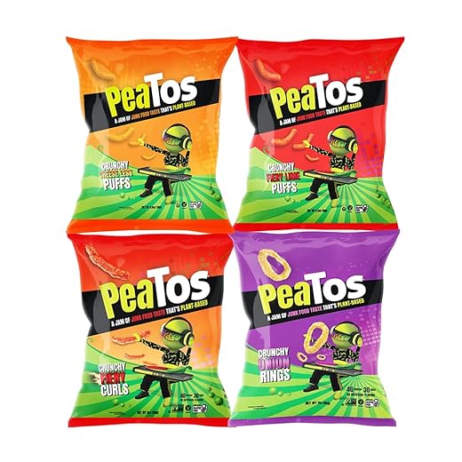 PeaTos® - the Craveworthy upgrade to America's favorite snacks - PeaTos 4 flavor Variety Mix (3oz pack of 4) full of “JUNK FOOD” flavor and fun WITHOUT THE JUNK. PeaTos are Pea-Based, Plant-Based, Vegan, Gluten-Free, and Non-GMO