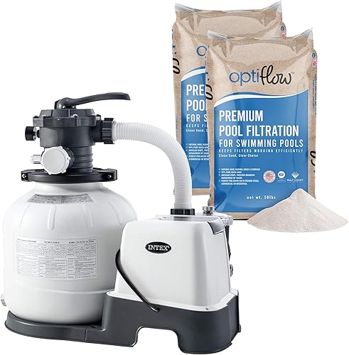 Intex 26675EG Krystal Clear 1600 GPH Bomba de filtro de arena para piscinas sobre el suelo con OptiFlow Paquete de 2 filtros de sílice pura de alta