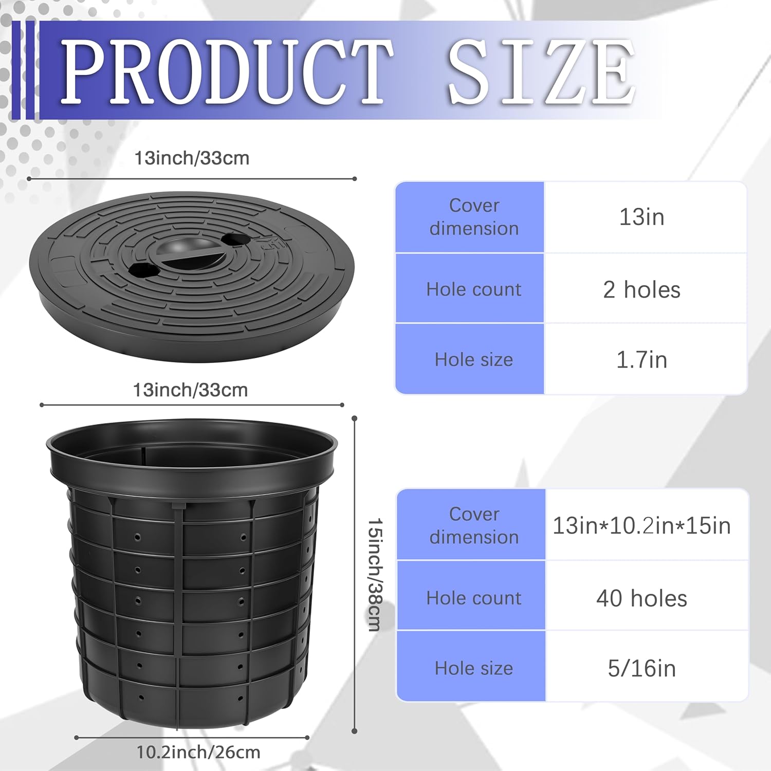 13 x 10.2 x 15 Inch Medium Perforated Sump Pump Basin and Lid Combo, Heavy-Duty Plastic Sump Pump Pit for Kitchen Sinks, Crawl Space, Sewage Pump Wells and Residential Drainage Systems