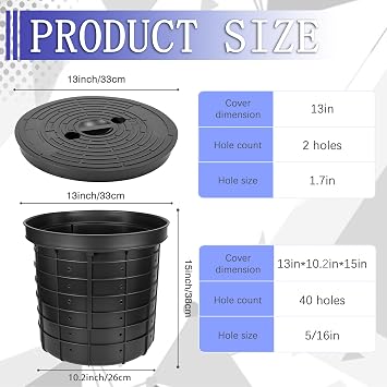 Perforated Sump Pump Basin with Lid and Holes, designed for sump pump use, suitable for kitchen sinks, sewage pump wells, irrigation valve control boxes, and drainage systems (13 x 11.4 x 15 Inch)