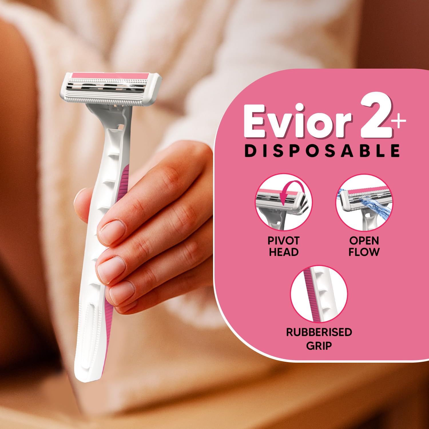 LetsShave Evior 2 Plus Disposable Razor for Women, Pack of 10, Rubber Grip Handle, Vitamin E Lubricating Strip, Full Body Hair Removal for Legs, Underarms & Bikini Line