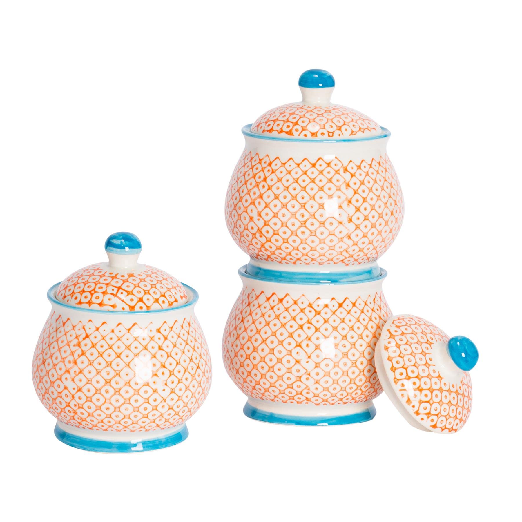 Nicola Spring Patterned Sugar Bowls with Lids - Orange - Pack of 3 - Porcelain Hand Printed Sugar Pot China Kitchen Salt Jar Seasoning Spice Storage Container