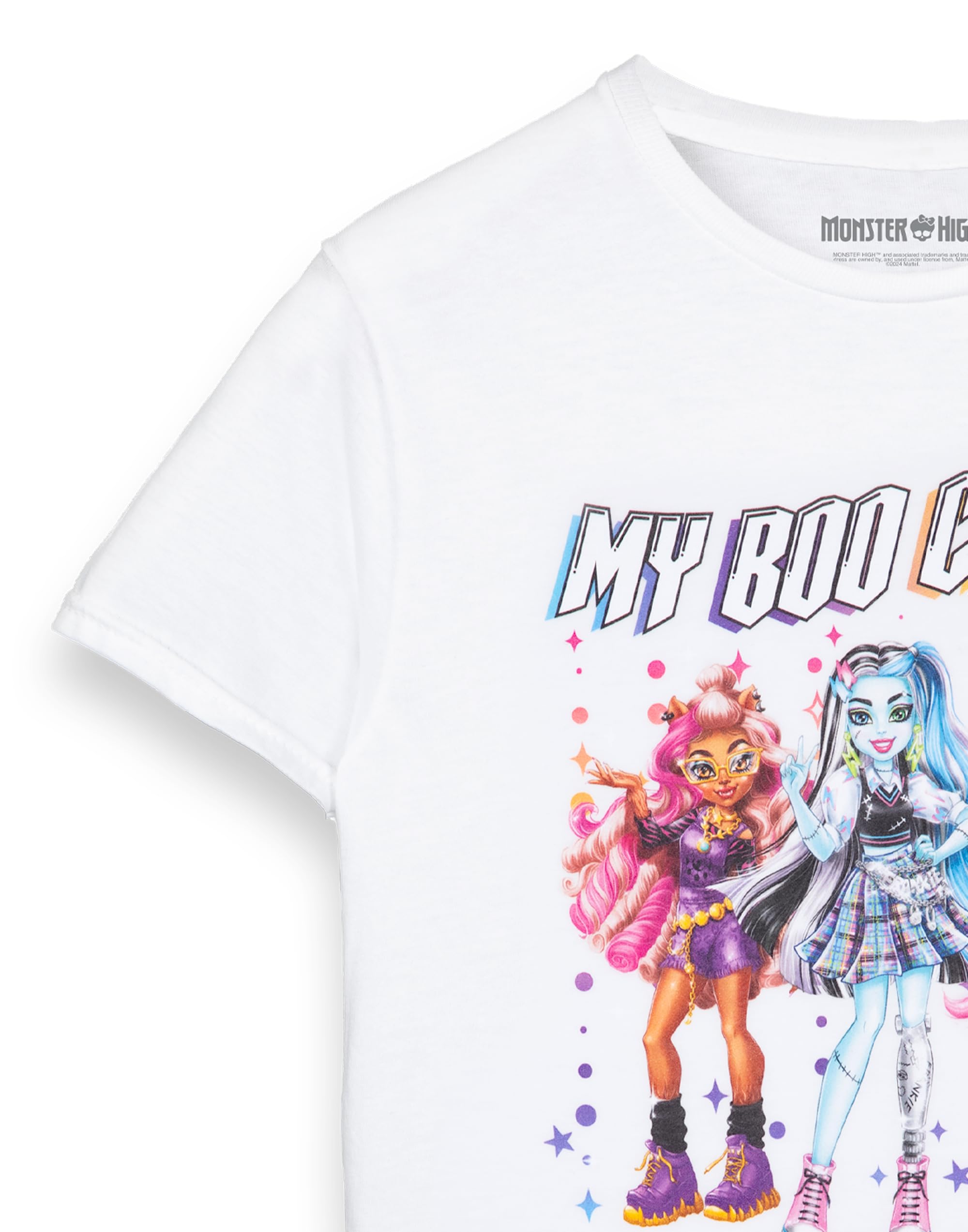 Monster High Maglietta da ragazza | Maglietta a maniche corte per bambini My Boo Crew in bianco | Draculaura Frankie Stein Clawdeen Wolf TV Show Apparel Top | Moda Cartoon Series Merchandise Gift