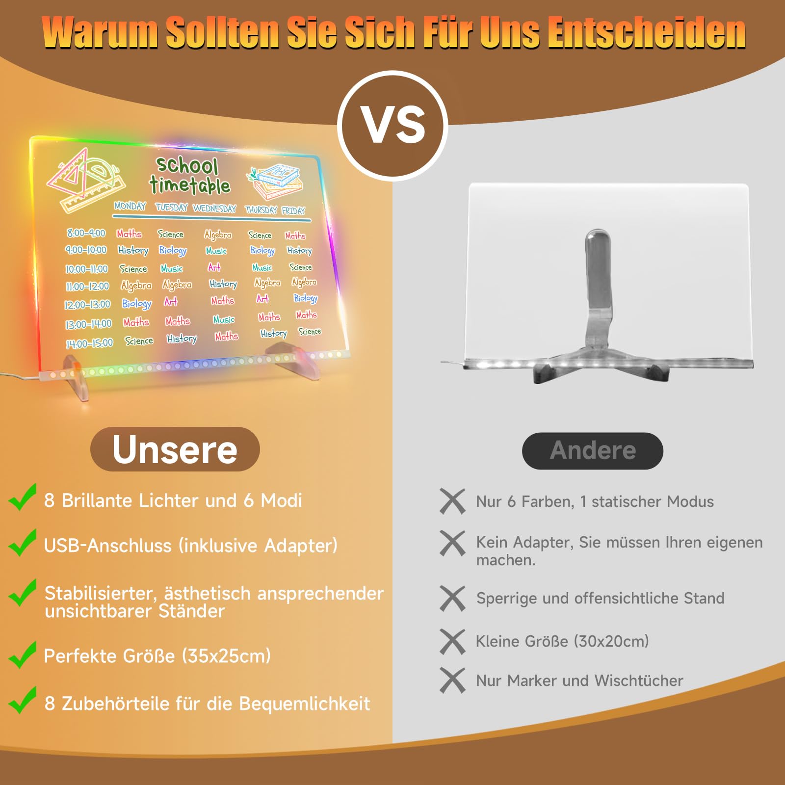 LED Schreibtafel mit 8 Farben & 6 Modi, 35X25cm Zaubertafel mit 7 Markern zum Erstellen Ihrer Eigenen Memoboard, Acrylic Notiztafel für Schreibtisch, Büro, Café, Schule, Zuhause