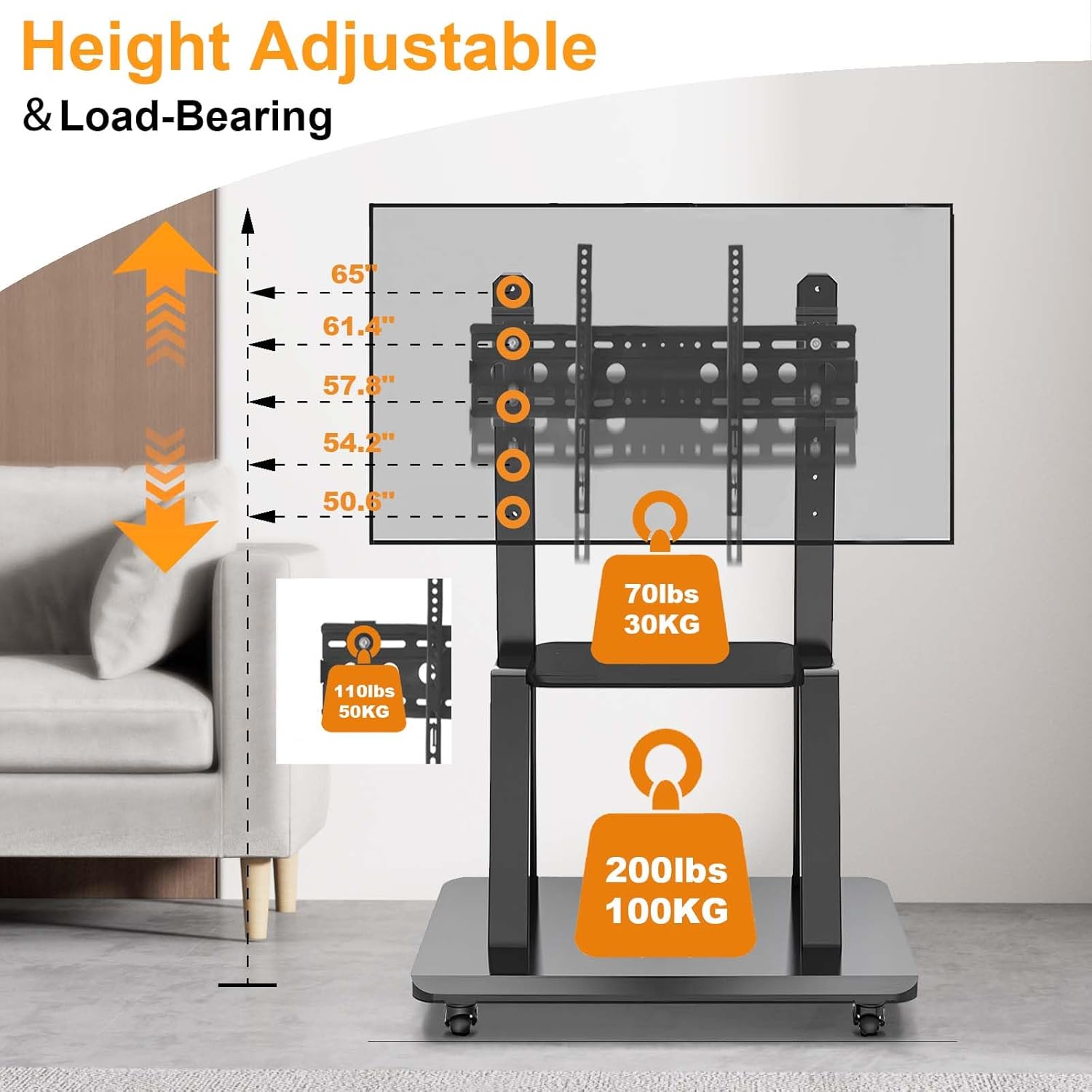 Mobile TV Stand for 32–75 Inch LCD LED Flat & Curved TVs, Height Adjustable Rolling TV Cart with Locking Shelf/Tray, Holds up to 110 lbs, Max VESA 600×400mm (Black, Carbon Steel)