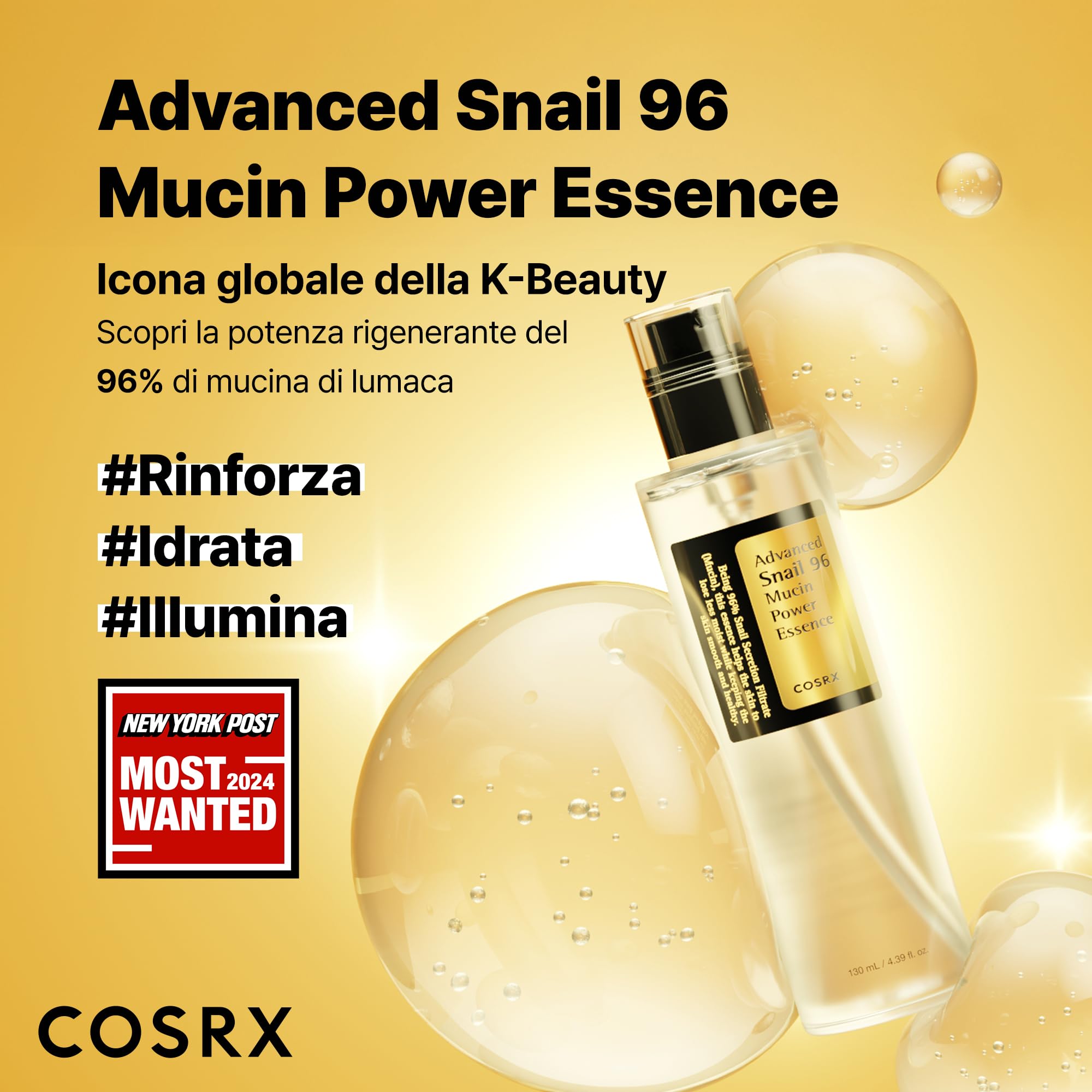 COSRX Essenza di bava di lumaca 96 100ml, 96,3% di filtro di secrezione di lumaca, ringiovanisce la pelle da secchezza e invecchiamento, assorbe rapidamente nella pelle, Ipoallergenico