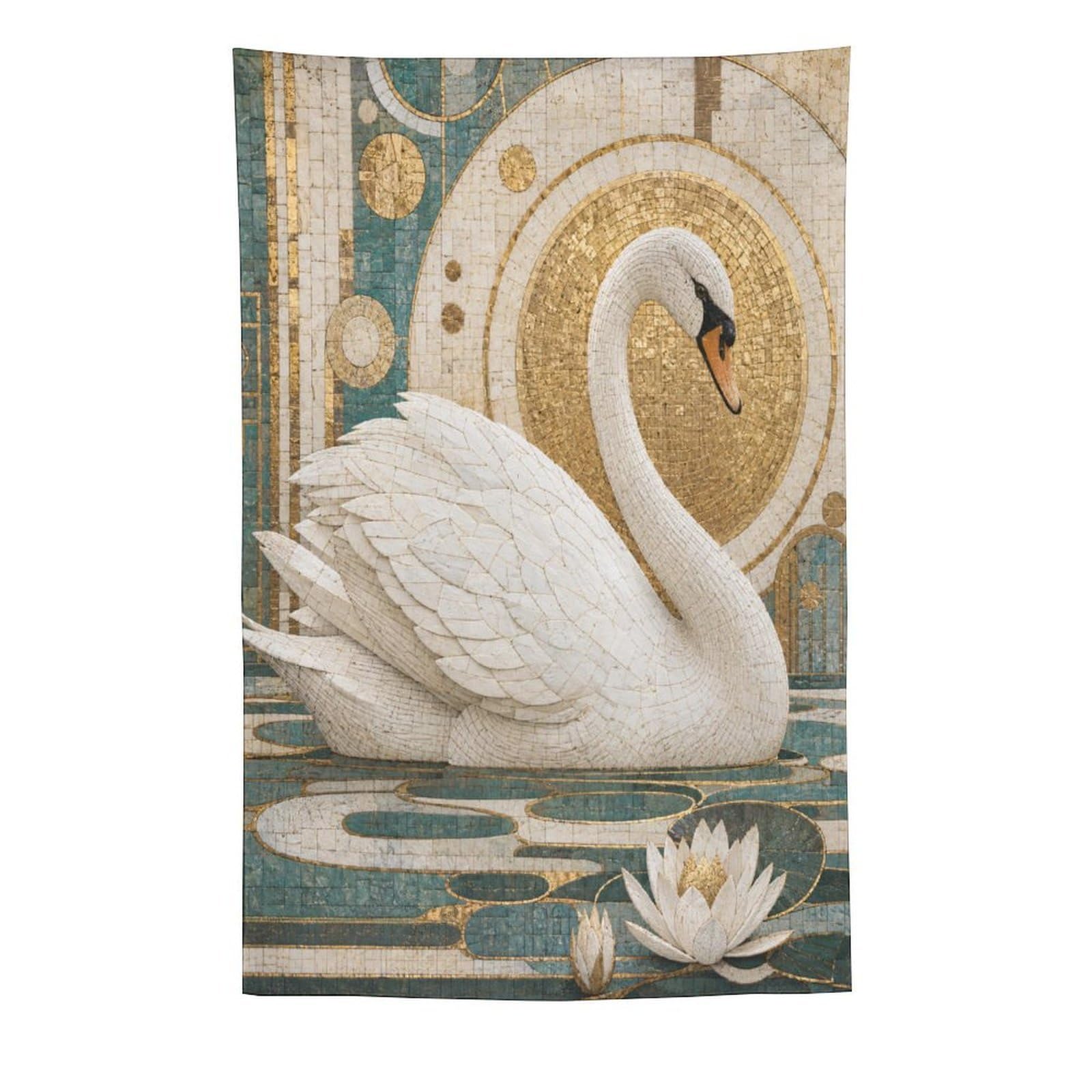 White Swan and Lotus Wall Tapestry, Mosaic Style, Dorm Room