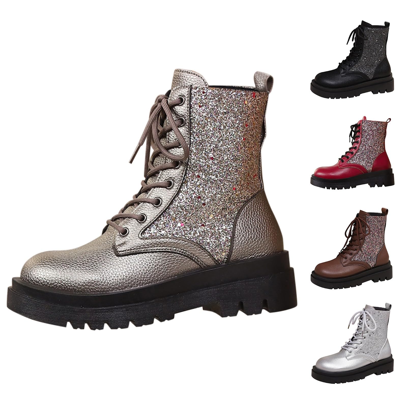 Botines para mujer de piel, con cordones, con purpurina, con plataforma