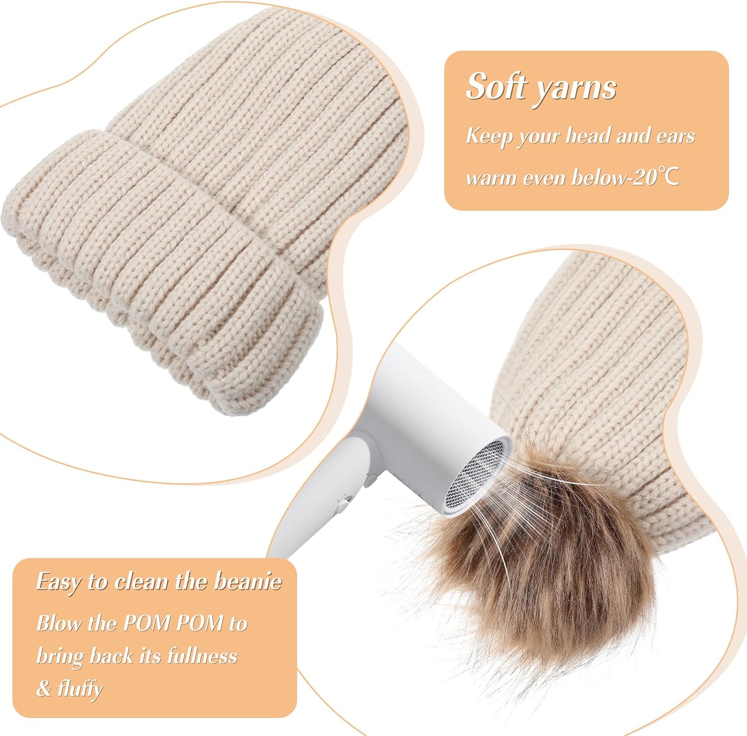 Womens Winter Beanie, Satin Lined Knitted Hat with Pom Pom, Warm Skull Cap Fashionable Womens Winter Hats Silk Beanies - Image 3