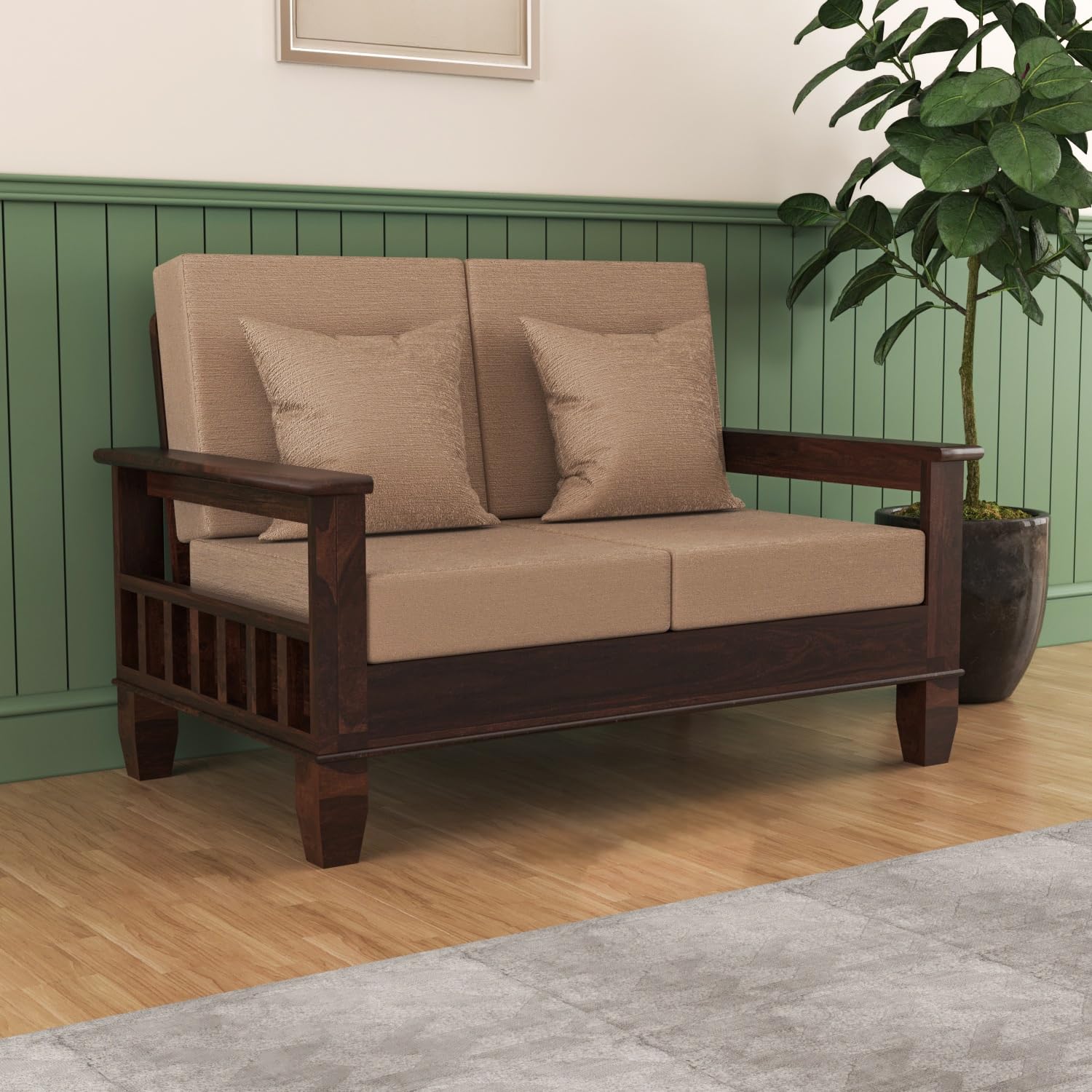 Solid Sheesham Wood 2 Seater Sofa Set for Living Room | Wooden Sofa Set Grey Cushion | Premium Rosewood Furniture for Home & Office Walnut Finish-image-49