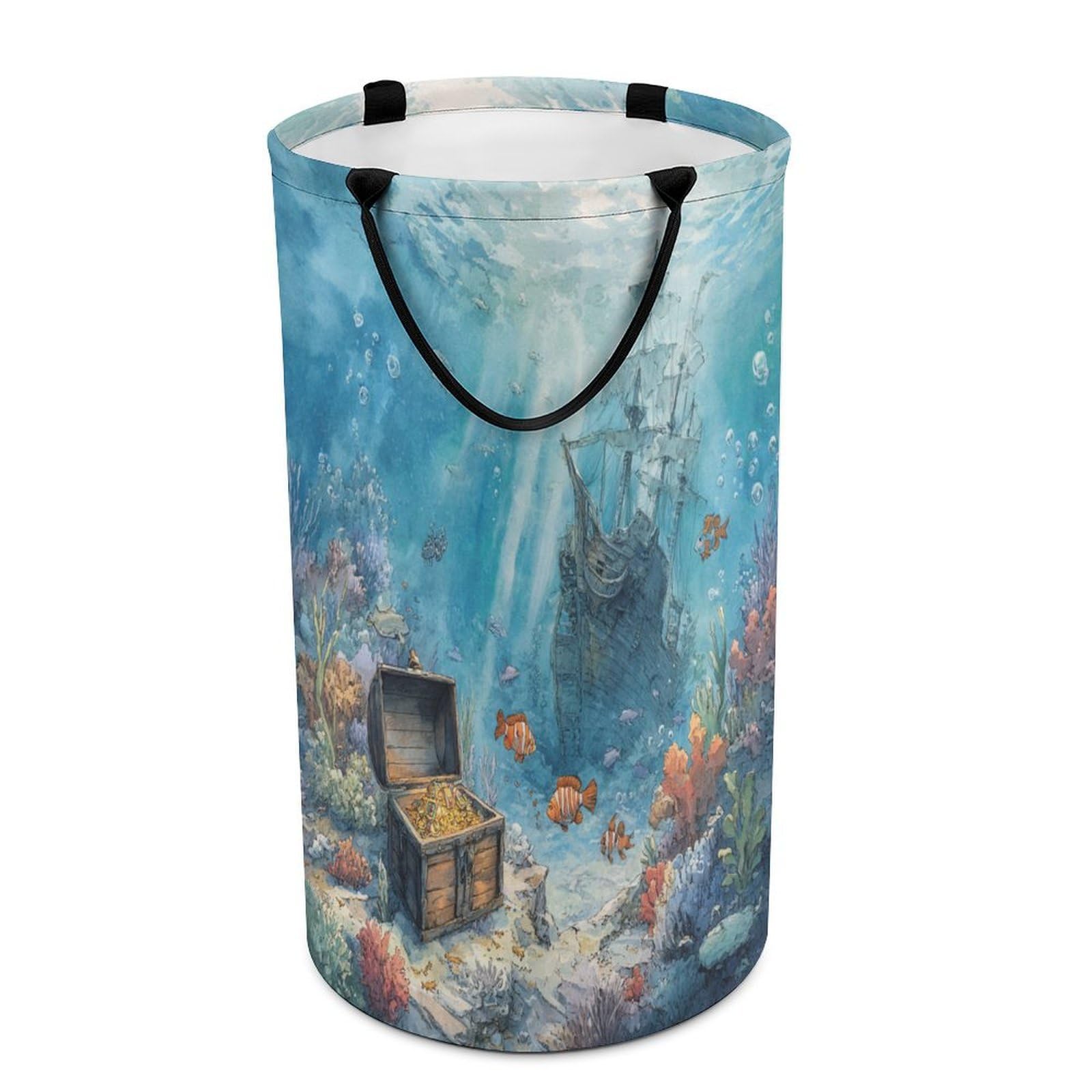LUYYSKY Modern Watercolor Pirate Ship Versatile Storage Laundry Basket, Mid Century Nautical Underwater Treasure Ocean Animal Fish Large Bathroom Laundry Hamper With Handle-40 CM Dia, 69 CM High