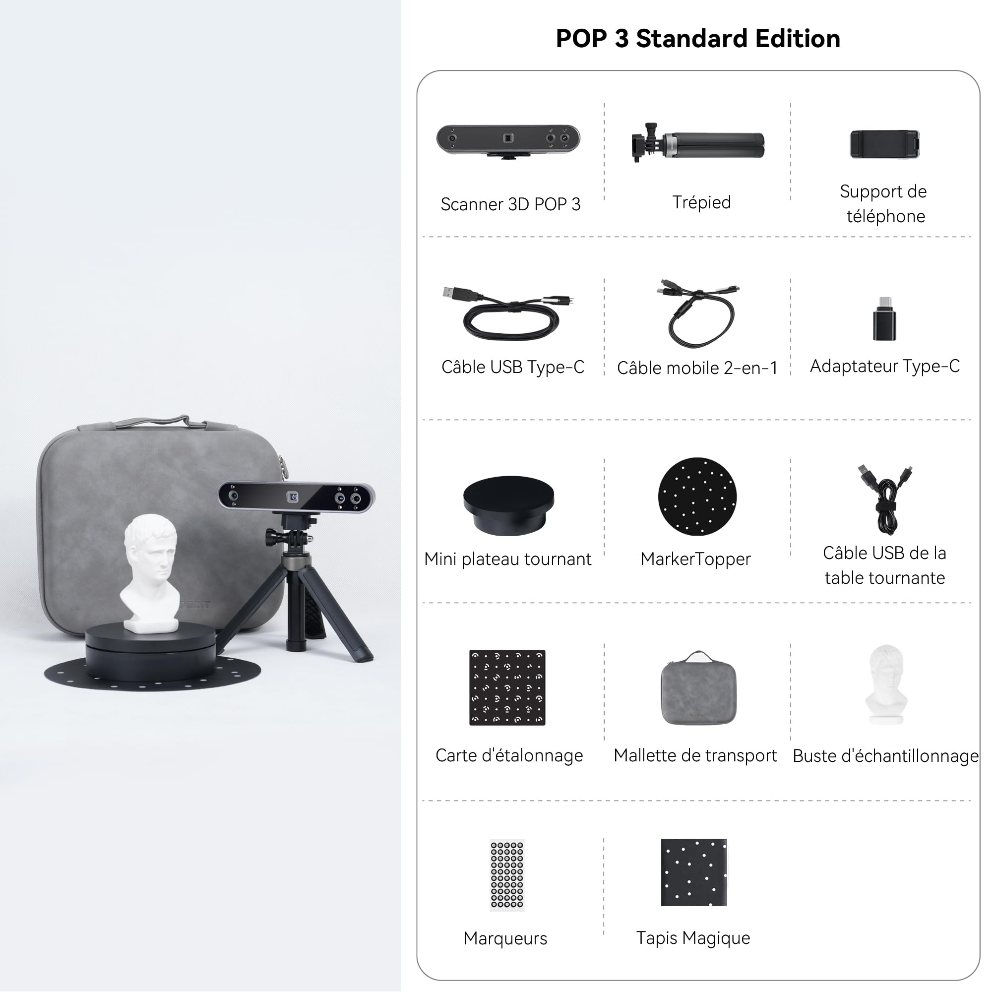 Revopoint POP 3 - Scanner 3D portable pour l'impression 3D Précision de 0,05 mm Vitesse de numérisation de 12-18 FPS Double LED blanche pour balayage fixe/automatique de bureau et portatif - STANDARD