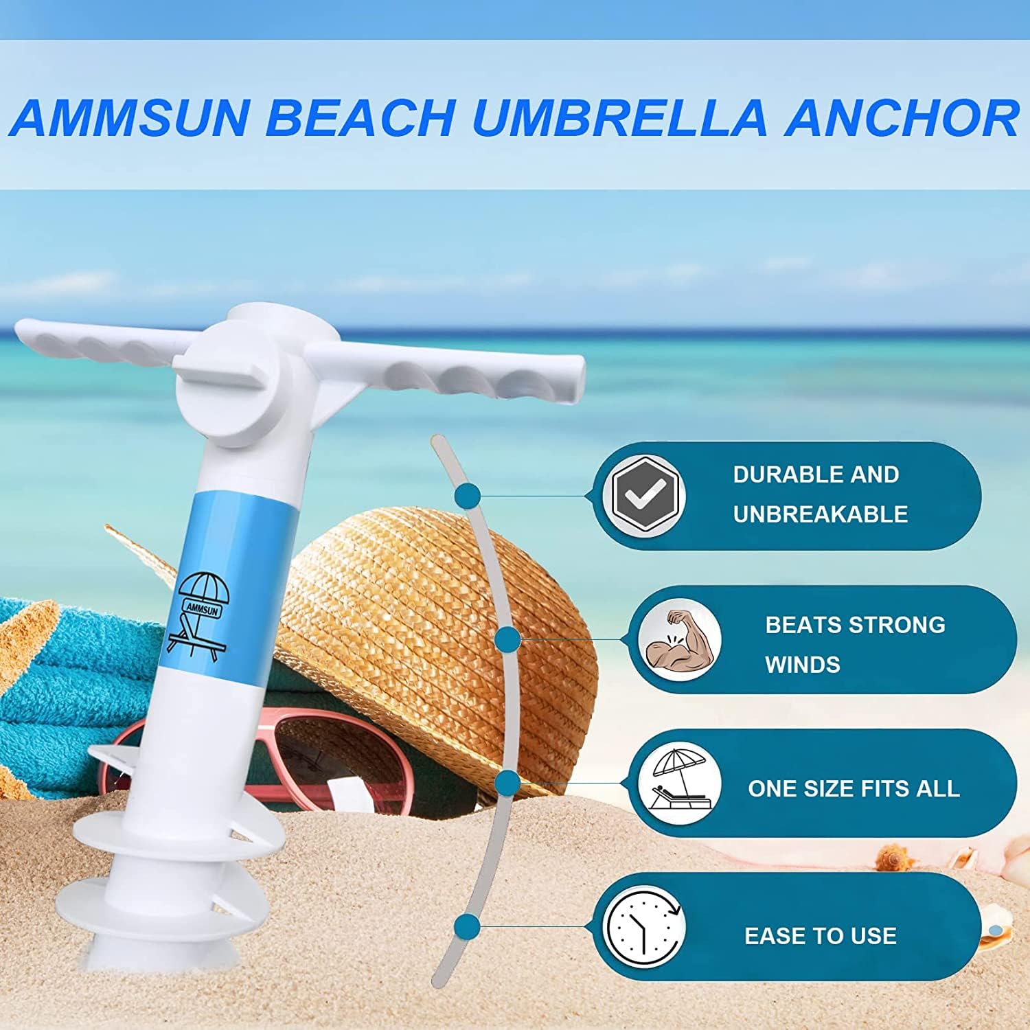AMMSUN Parasol plażowy, kotwica piaskowa, wytrzymała podstawa parasoli zewnętrznych z 5 śrubami spiralnymi, uniwersalny, jeden rozmiar, pasuje do większości parasoli plażowych, bezpieczny uchwyt na