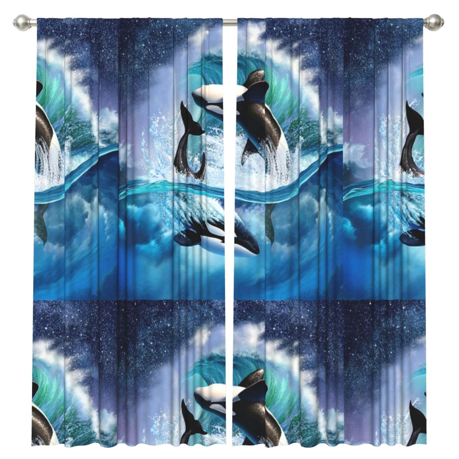 InOmak Orca Killer Whales Wave, 2 Panels Window Curtains 52 x 84 Inch Blackout Curtains for Living Room Bedroom