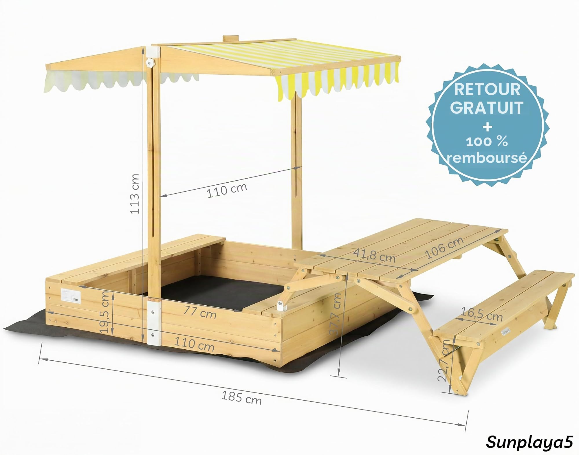 needs&wants® Bac à sable en bois avec table de pique-nique et toit, bancs et couverture, bac à sable pour enfants avec couvercle rabattable, protection UV, bac à sable carré pour jardin et aire de