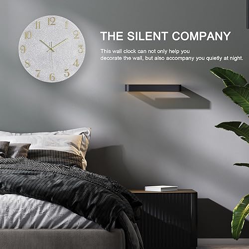 Miniatura 10 de JoFomp Reloj de pared con pilas, reloj de pared moderno de madera silencioso sin tictac de 12 pulgadas, reloj de pared de cuarzo blanco y dorado,