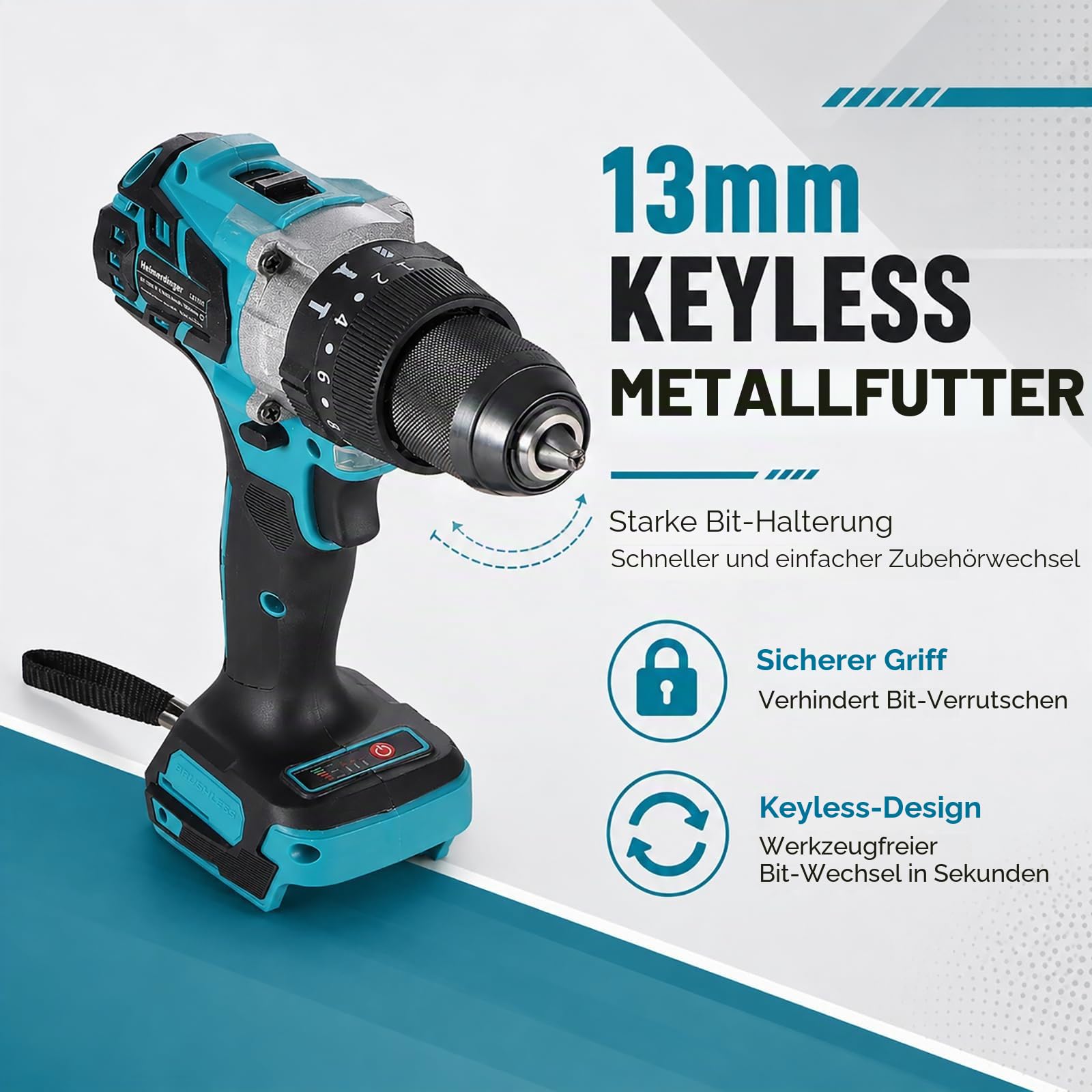 150Nm Bürstenloser Akku-Schlagbohrschrauber für Makita 18V Batterie, 13mm Zoll Bohrfutter, 2-Gang Getriebe, 21 Drehmomentstufen Elektrischer Schlagschrauber Bohrhammer