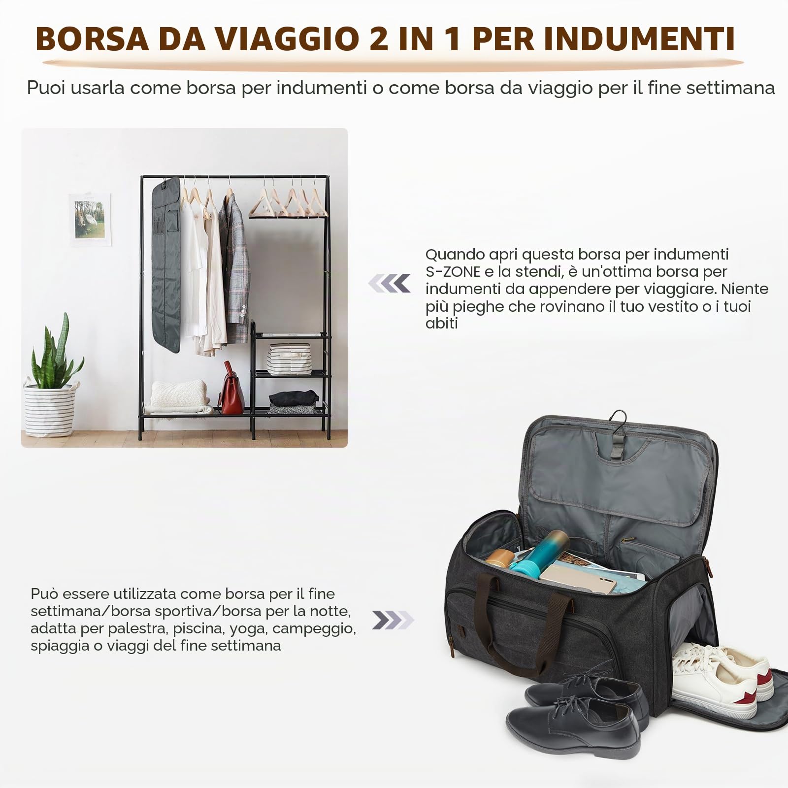 S-ZONE 60L 3 in 1 unisex borsa per vestiti convertibile in tela con astuccio da toilette per viaggi vacanze brevi viaggi d'affari