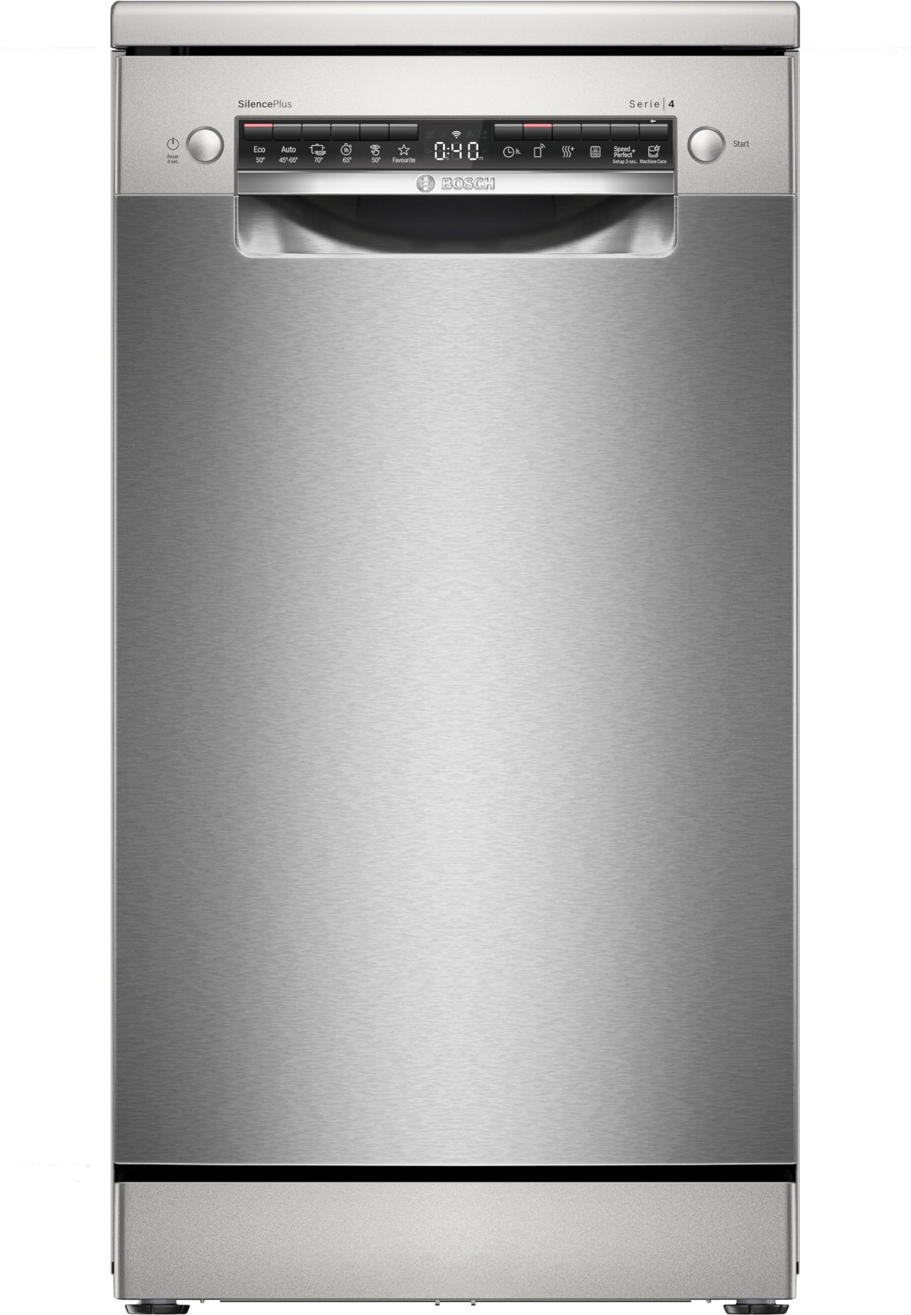 Bosch SPS4HMI49E Serie 4 Freistehender Geschirrspüler 45 cm, Besteckschublade, Extra Trocknen, DuoPower für gründliche Reinigung, AquaStop, Home Connect, Gebürsteter Stahl, AntiFingerprint