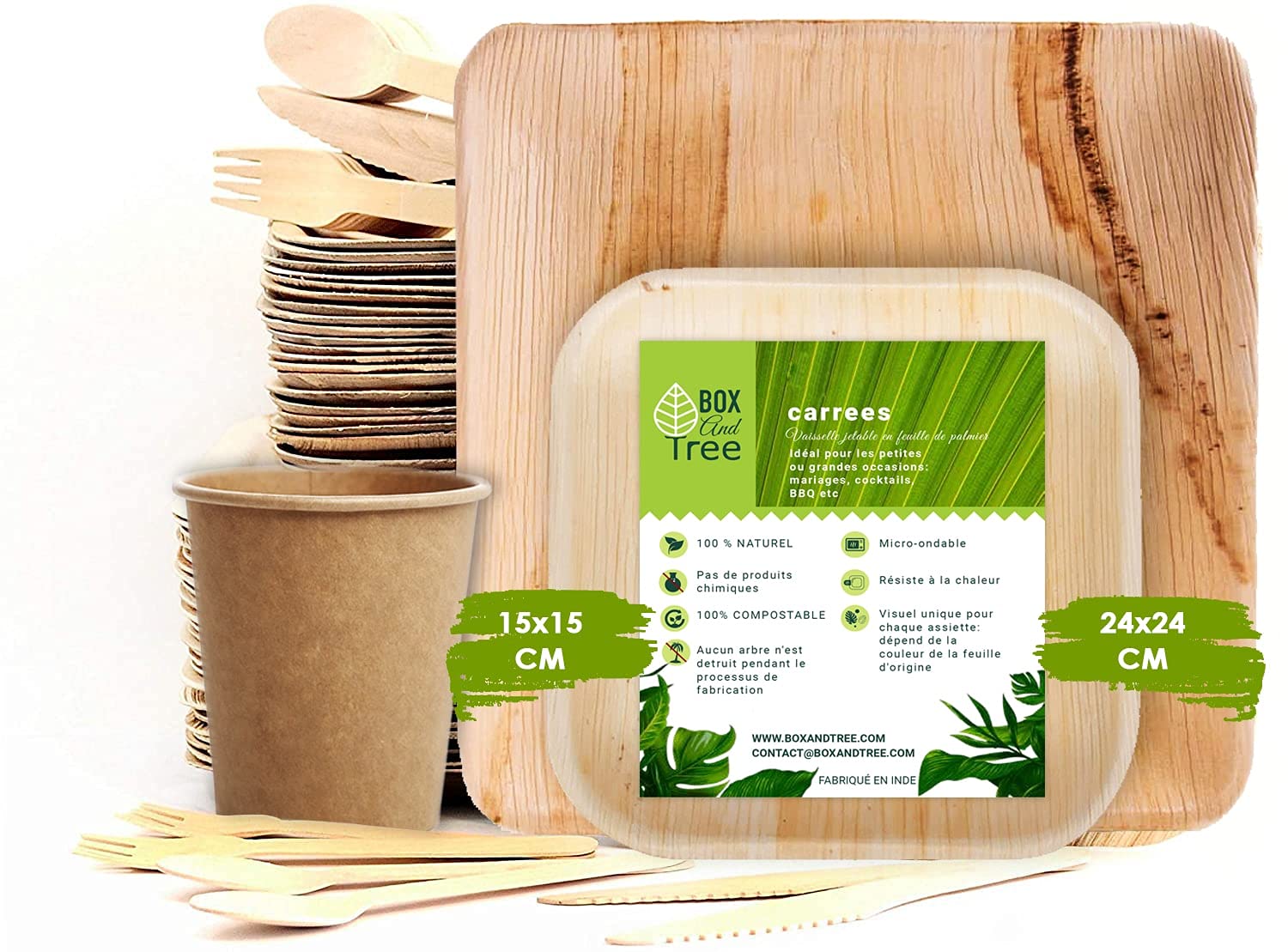 150 Pièces Vaisselle Jetable en Palmier 50x Assiettes, 75 Couverts en bois bambou(fourchette + couteau + cuillere) -25 Gobelets, Assiettes en Feuilles de Palmier Compostable & Neutre