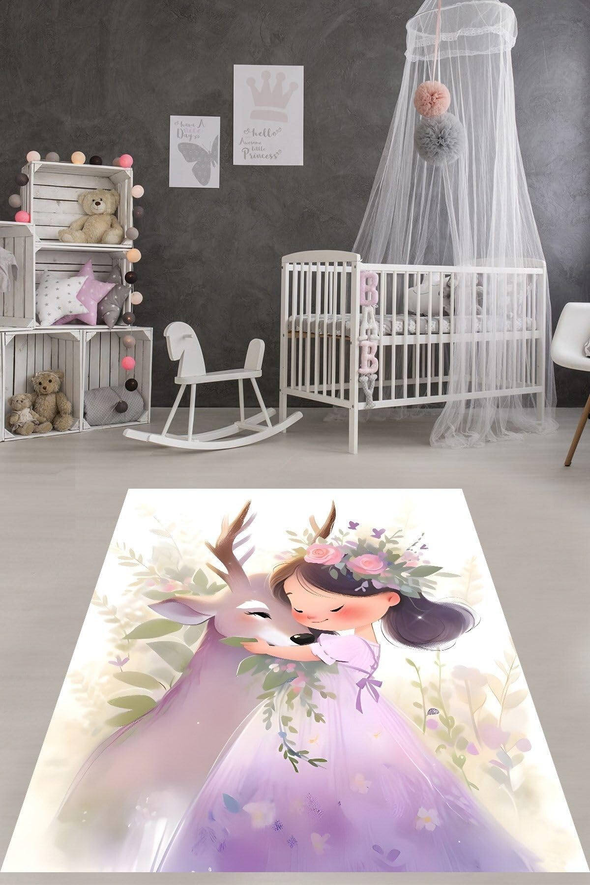 Pelangi Çiçek Taçlı Geyik Seven Kız Yıkanabilir Kaymaz Taban Leke Tutmaz Çocuk Odası Halısı, Lila-Beyaz 160 x 230