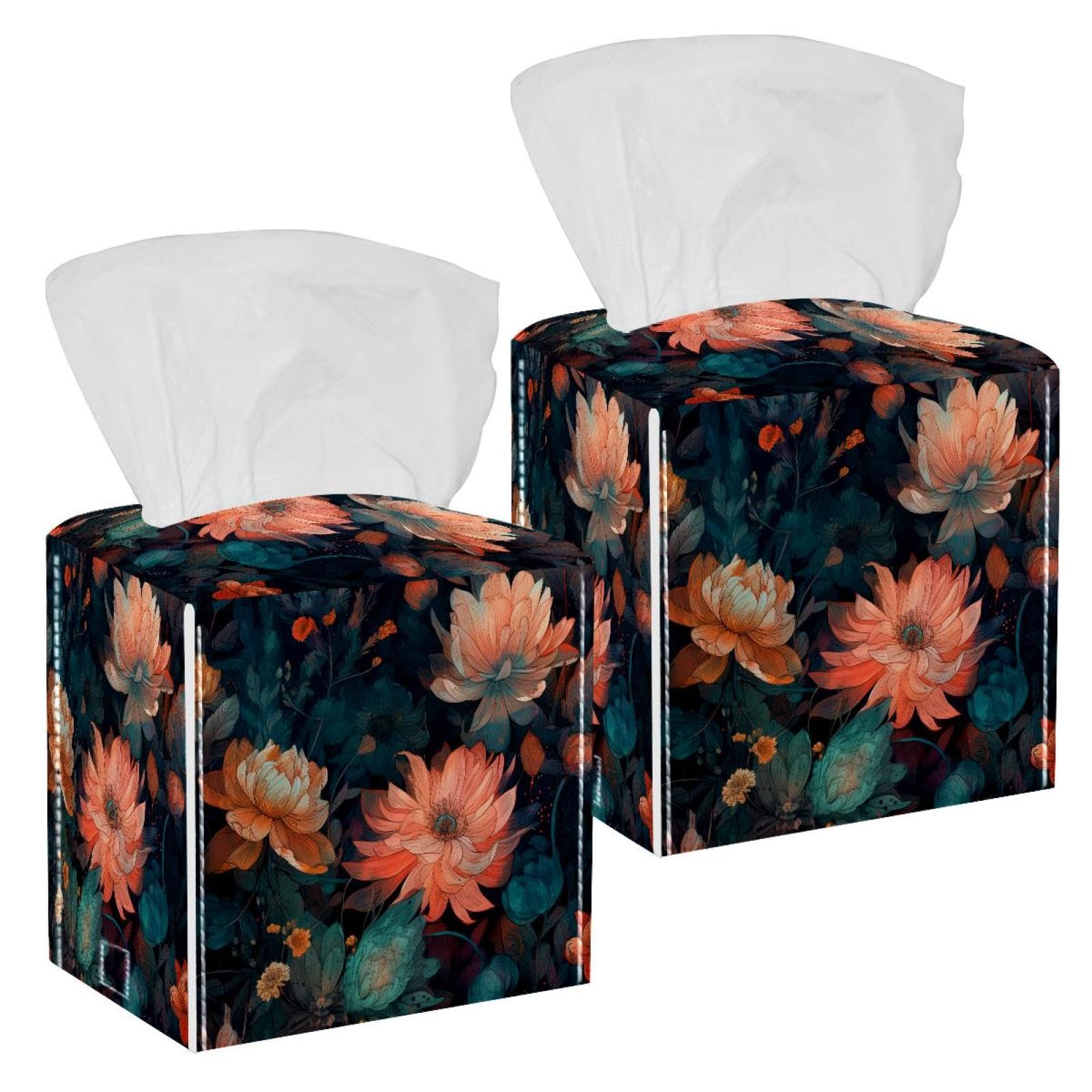Floral Pretty Tissue Box Cover, 2 Pack PU Leather Square Facial Tissue Dispenser Box holder for Home Office Car