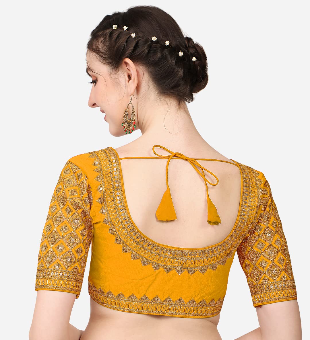 Pujia Mils Women's Silk Flower Embroidery Half Sleeve Blouse (Simba 2_Yellow_38)
