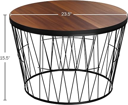 Lavish Home Round Coffee Table with Geometric Metal Base - Small Modern Accent Furniture for Living Room - Mid-Century Coffee Table (Brown/Black)