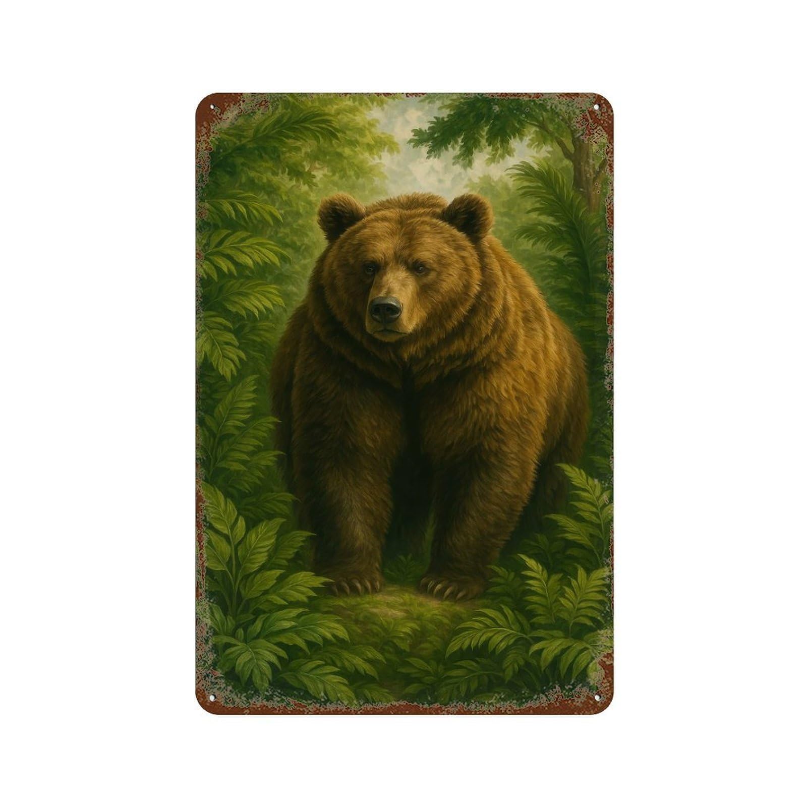 Garage Style Brown Bear in Lush Green Forest Rusty Metal Tin Sign 11.8"x7.9", Classic Wall Plaque for Bar And Workshop