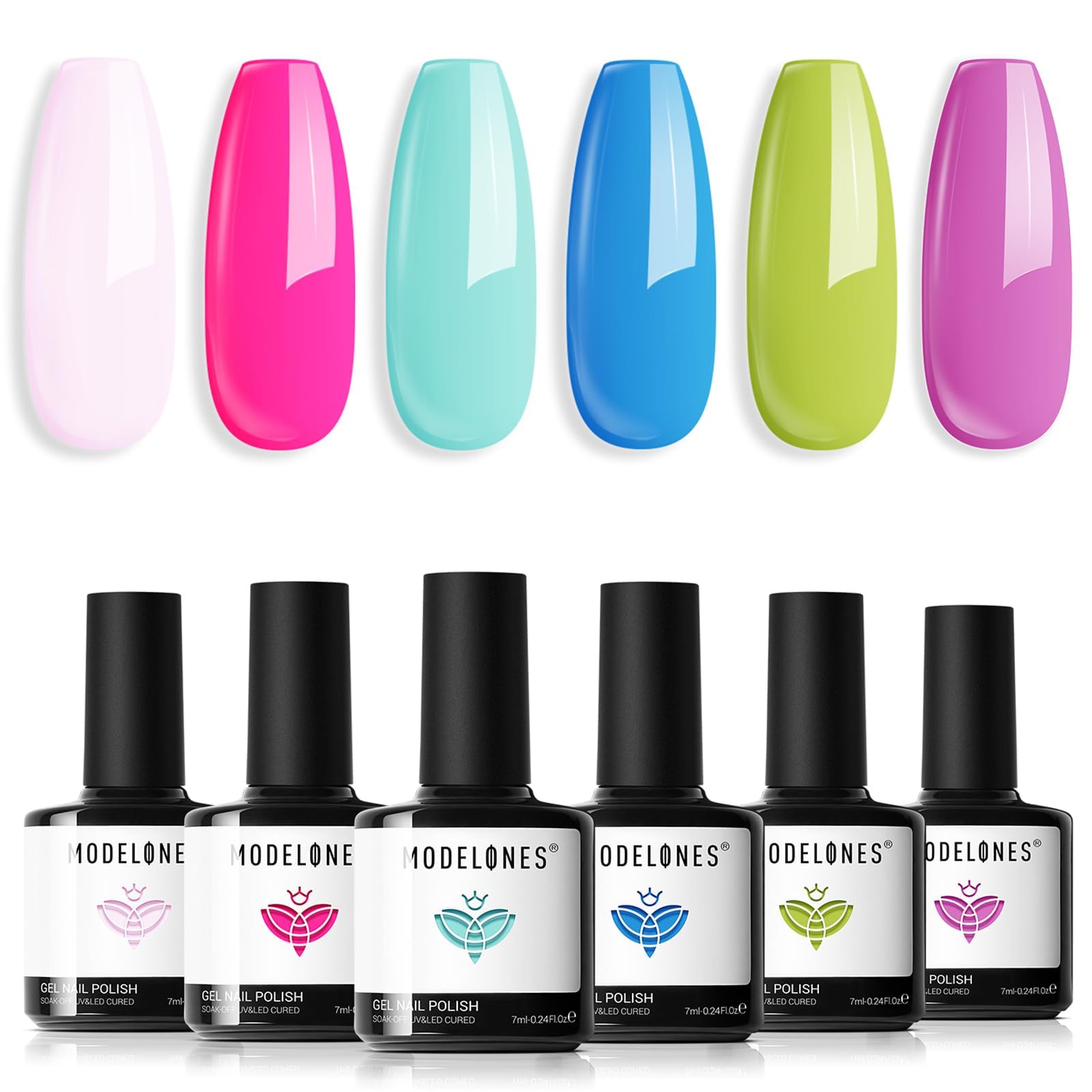 Modelones UV Nagellack 6 Farben Gel Nagellack UV Nageldesign Sets Soak Off Gel Polish für Maniküre Nageldesign, Rosa Rose Blau Grün Lila