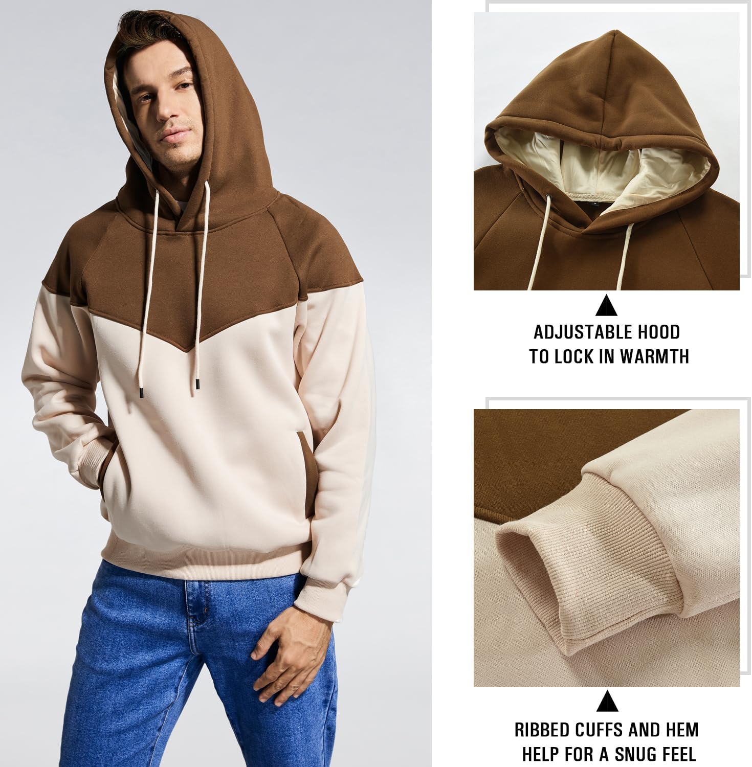 Men's Midweight Fleece Pullover Hoodies Casual Color Block Hooded Sweatshirt with Pockets - Image 4