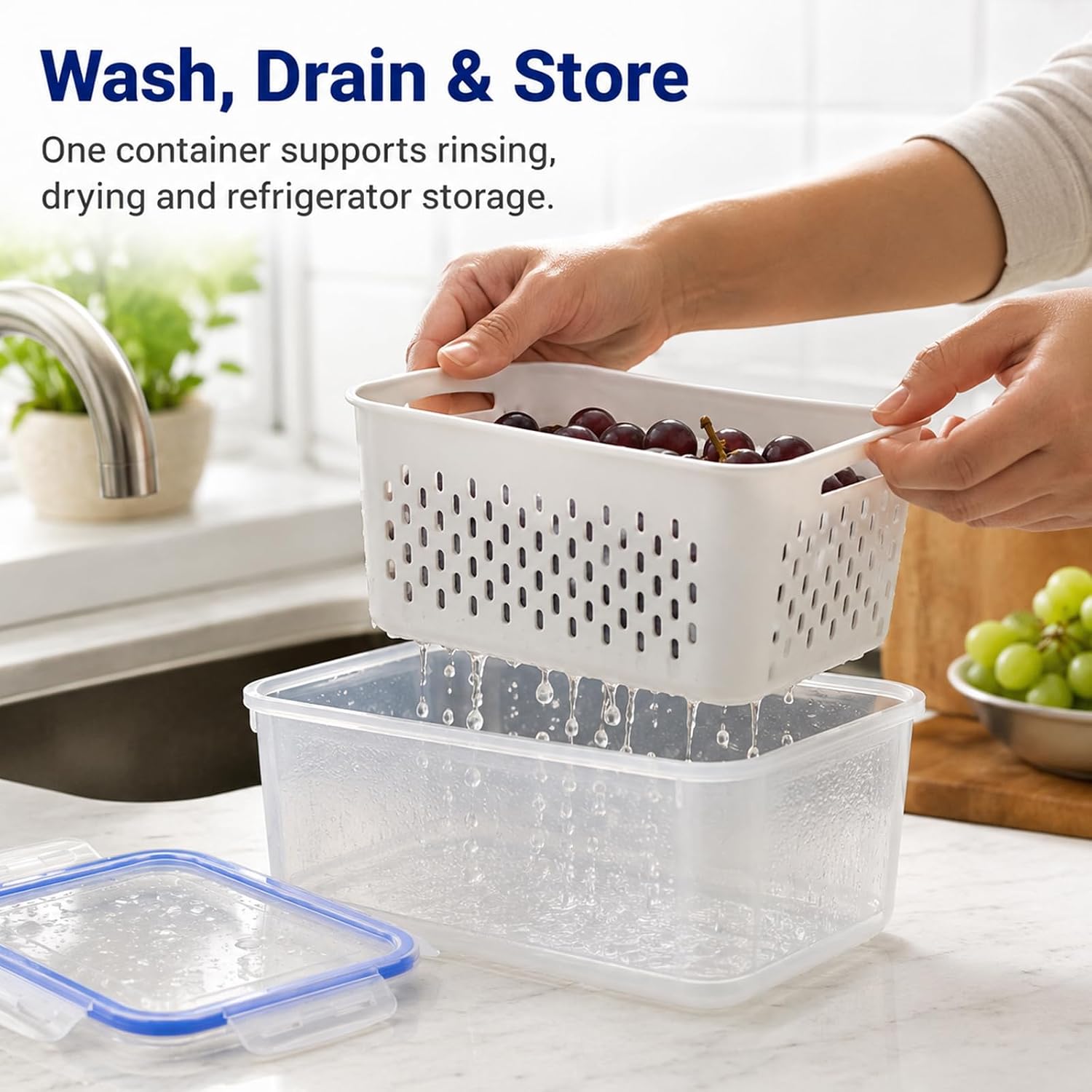 Fruit Containers 3Pcs with Removable Colanders & Lids, Fridge Fresh Storage