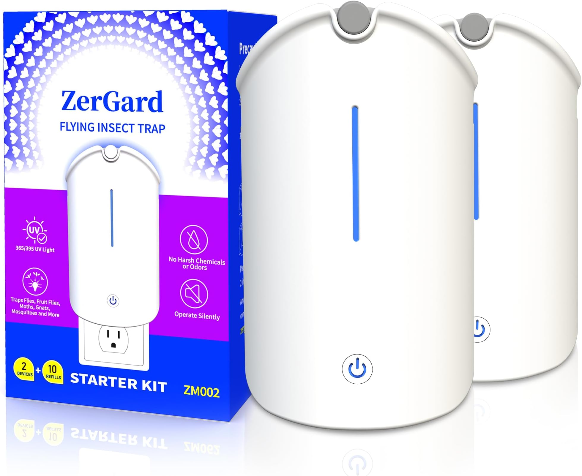 Flying Insect Trap, ZerGard Indoor Plug-in Bug Catcher with UV Light ZM002 Captures Mosquito Gnat Moth Fruit Flies for Kitchen, Living Room, Bedroom, 10 Sticky Glue Card Refills (2 Devices+10 Refills)