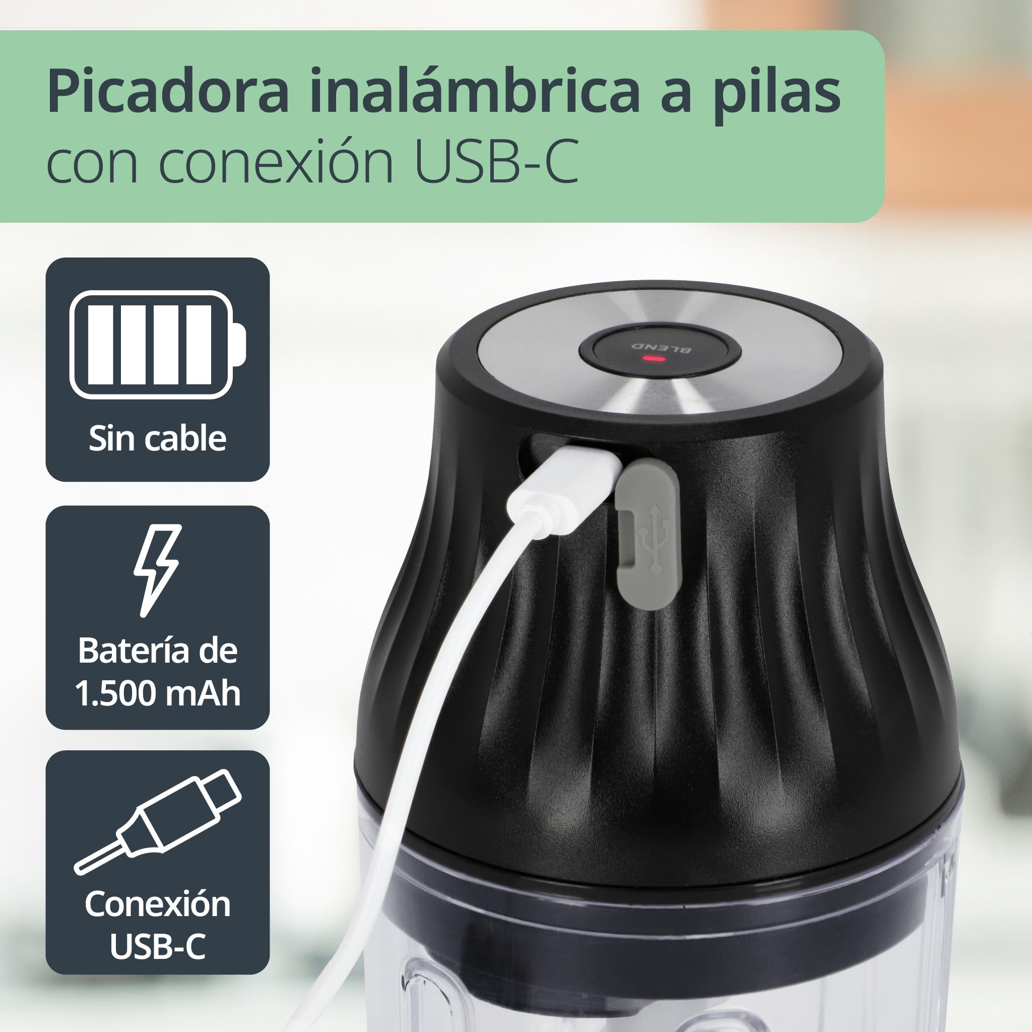 ADE Mini picadora eléctrica sin cable | procesador de alimentos con cable USB | food processor para verdura, carne, fruta, hierbas | ideal para cantidades pequeñas | 150 ml