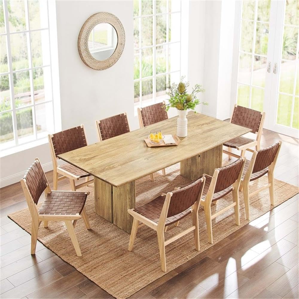 BOWERY HILL 86" Rectangular Solid Mango Wood Dining Table, Oak Finish, Adjustable Non-Marking Foot Pads, Modern Farmhouse Style, Seats 8, Durable Kitchen or Dining Room Table for Gatherings